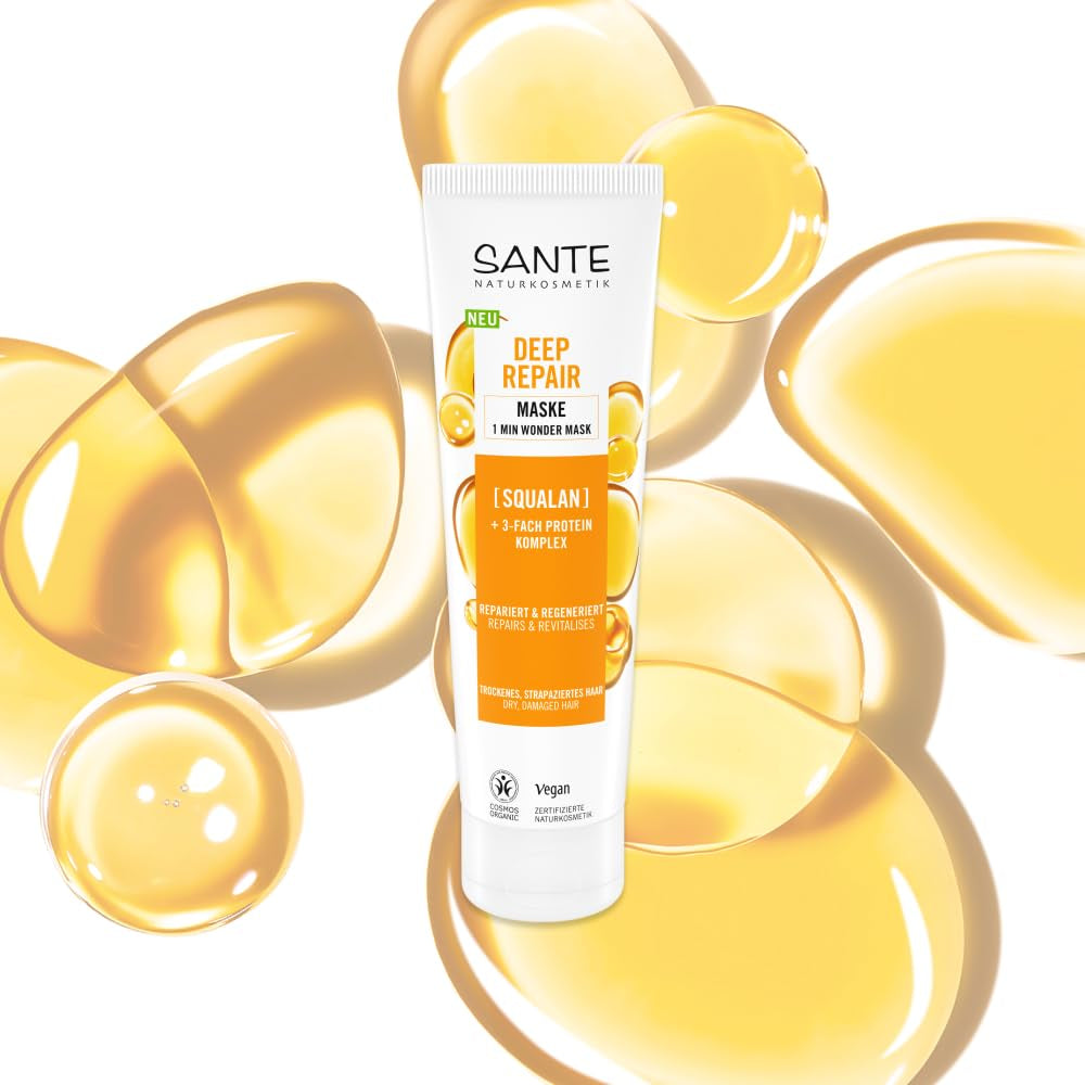 SANTE Natural Cosmetics Deep Repair Mask Squalane + 3x proteïnecomplex, veganistisch haarmasker voor intense hydratatie en flexibel haar, herstelt en regenereert beschadigd haar, 150 ml Naty Shop Haarmasker