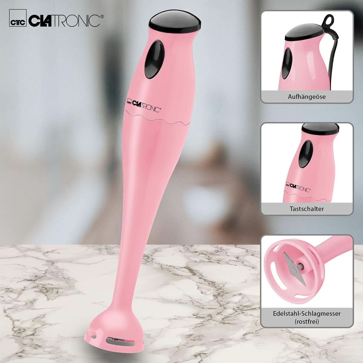 Clatronic Stabmixer/Pürierstab/Blender/Stab-Mixer/Stick/Mixstab SM 3577; Edelstahl-Schlagmesser; Voor Smoothie, Kürbispüree, Babybrei, Milchshake; Mit Mixbehälter (500 ml); 180 Watt; Roze keuken Naty Shop