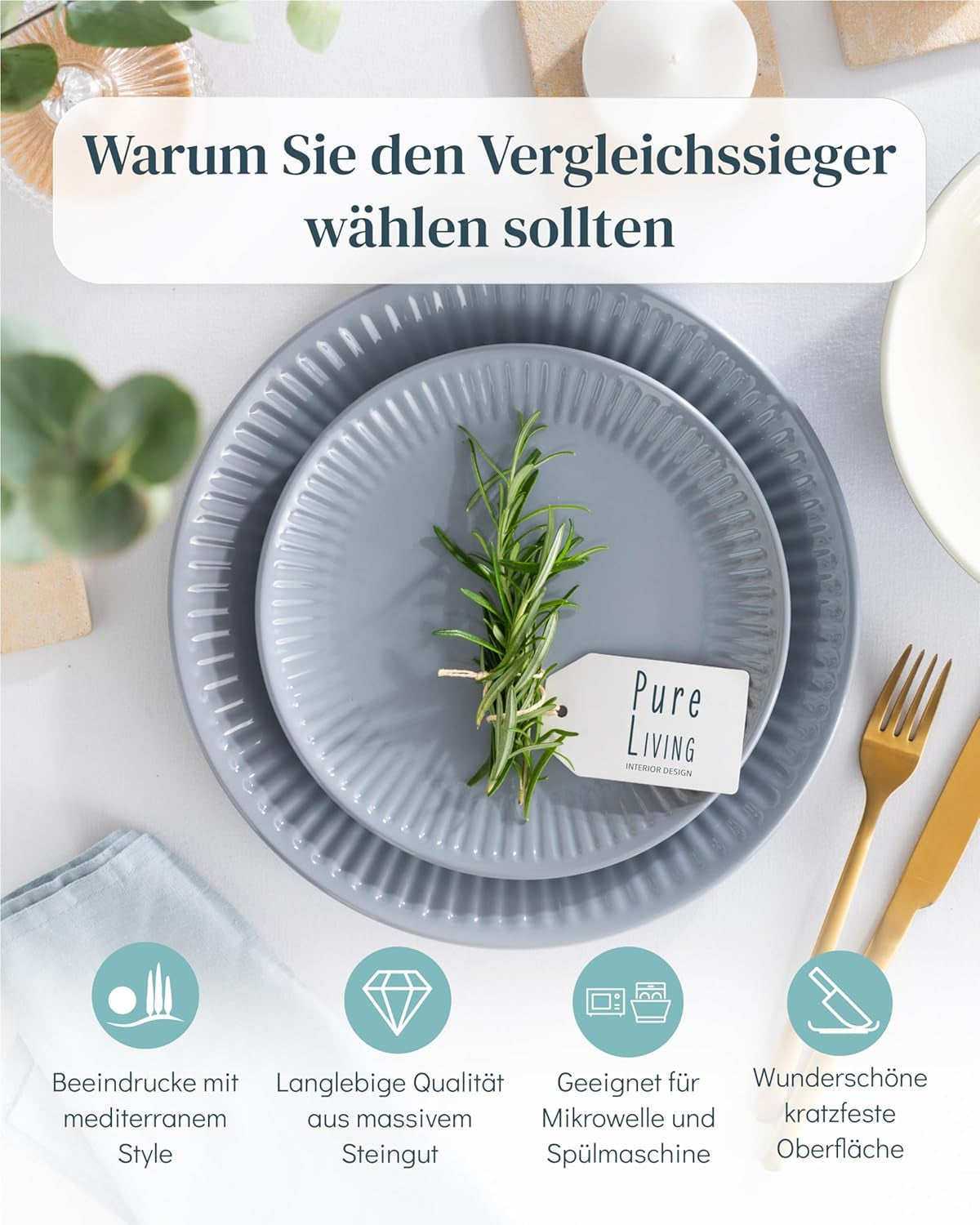 Keramisch servies voor 6 personen, Hygge, 24-delig. TESTWINNAAR Dromerig Scandinavisch aardewerk servies kom en bordenset servies voor 6 Pure Living serviessets in grijsblauw