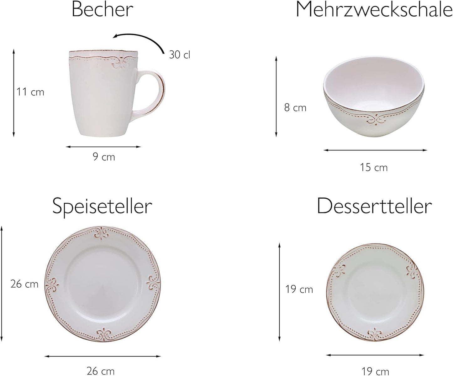 CreaTable, 23601, Romantic Vintage Series, 16-delige serviesset voor 4 personen, porseleinen combinatieservies, vaatwasmachine- en magnetronbestendig, kwaliteitsproductie