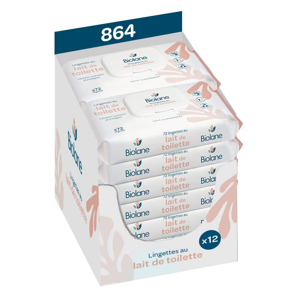 BIOLANE - Pak van 12 - Babydoekjes met toiletmelk - Baby's - 864 Babydoekjes - Reinigt en hydrateert - Voor de gevoelige huid - 98% natuurlijke oorsprong - Vanaf de geboorte