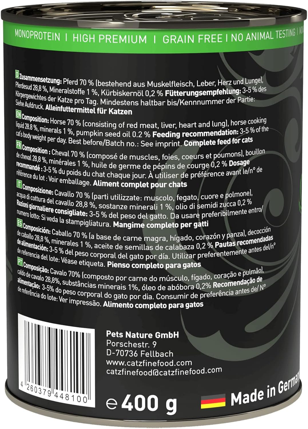 Natvoer voor katten Catz Finefood Purrrr Paard Monoproteïne nr. 123, voor katten met een gevoelige spijsvertering, 70% vleesgehalte, 6 dozen x 400 g