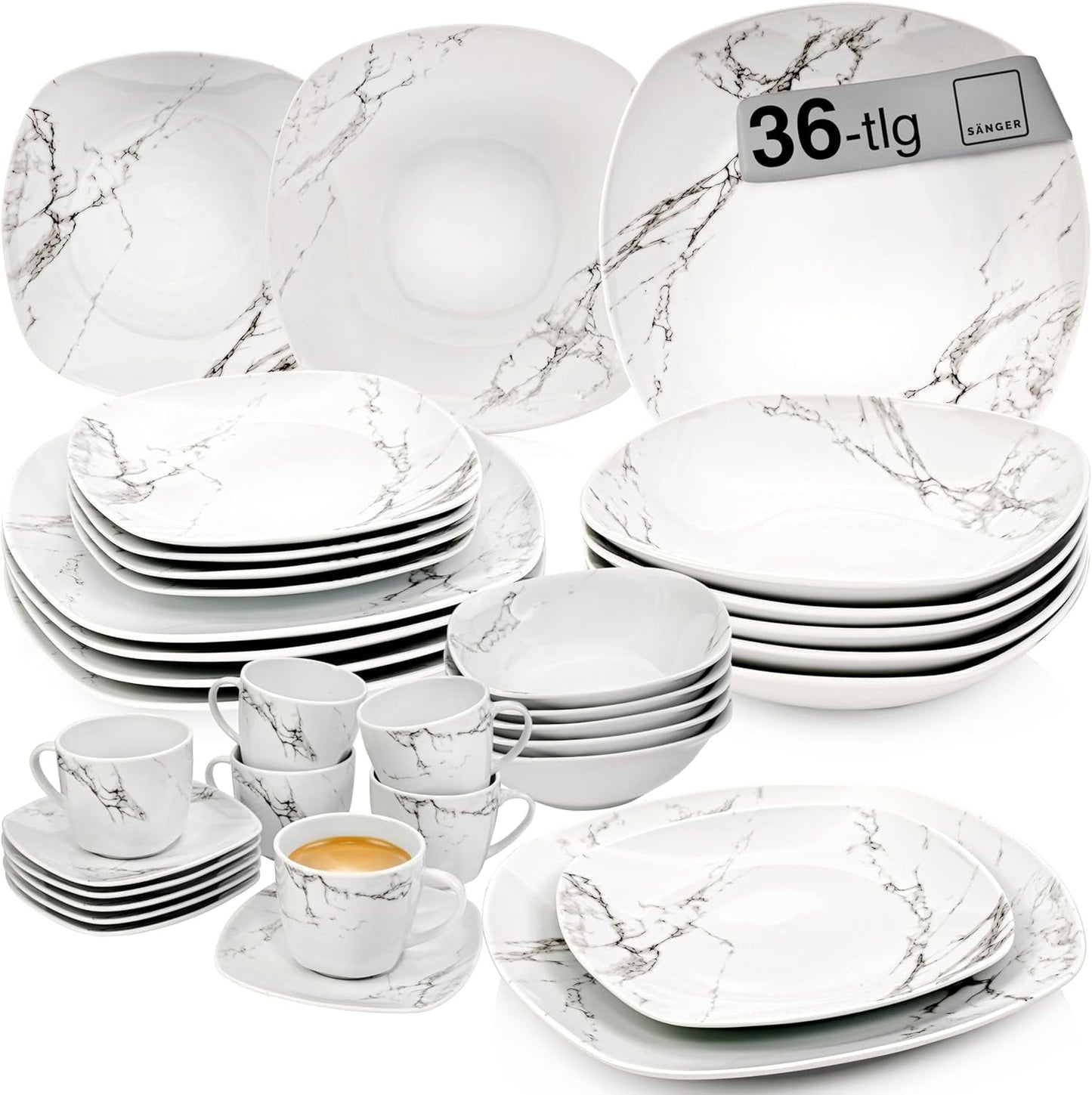 ZANGER | Bilgola Marmeren Combinatie Serviesset 36-delige Serviesset voor 6 personen met Dinerborden, Dessertborden, Suma Borden, Mueslischalen, Koffieborden en Porseleinen Schoteltjes, Vierkant | DE PREMIUM COLLECTIE