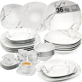 ZANGER | Bilgola Marmeren Combinatie Serviesset 36-delige Serviesset voor 6 personen met Dinerborden, Dessertborden, Suma Borden, Mueslischalen, Koffieborden en Porseleinen Schoteltjes, Vierkant | DE PREMIUM COLLECTIE