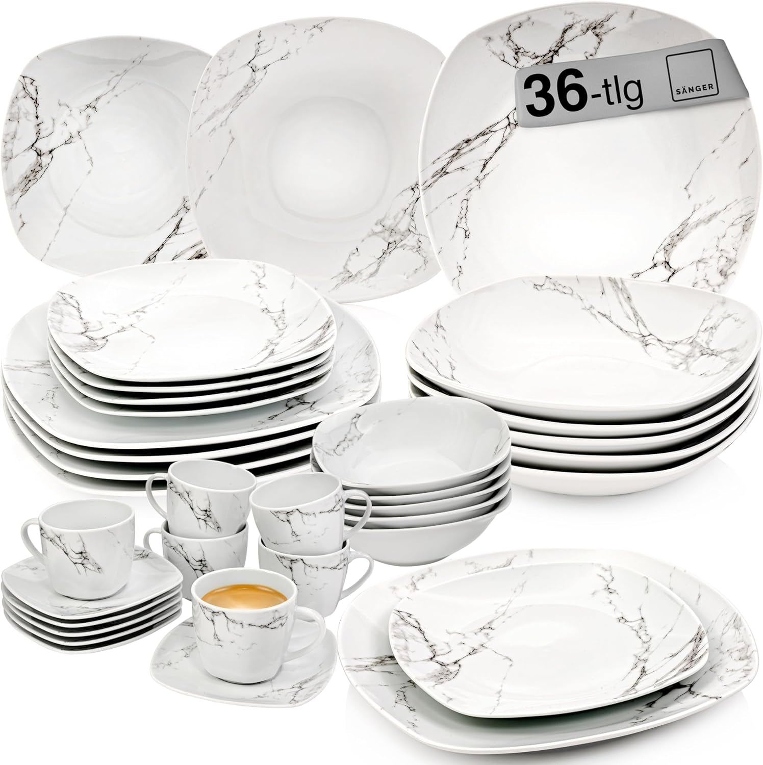ZANGER | Bilgola Marmeren Combinatie Serviesset 36-delige Serviesset voor 6 personen met Dinerborden, Dessertborden, Suma Borden, Mueslischalen, Koffieborden en Porseleinen Schoteltjes, Vierkant | DE PREMIUM COLLECTIE