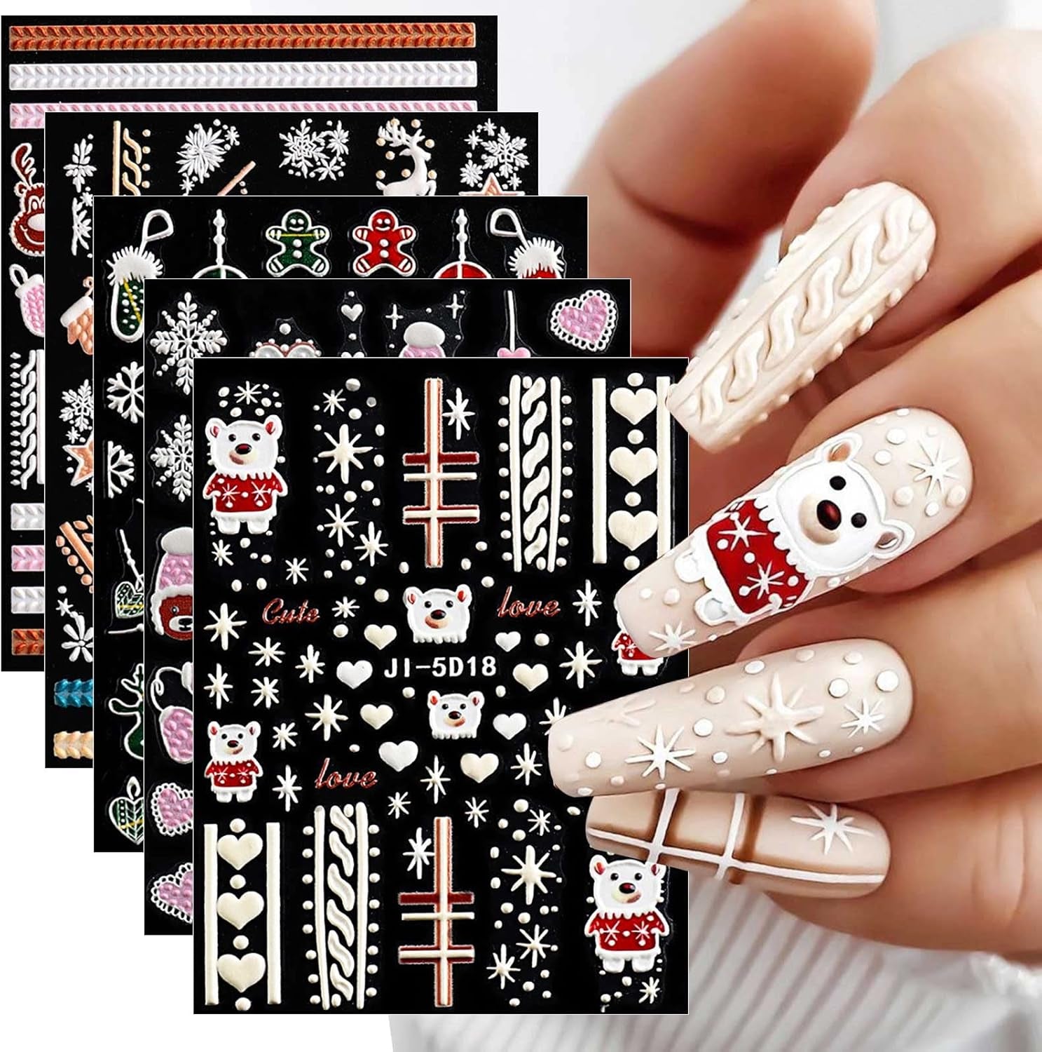 5 Blatt 3D Nagelsticker Weihnachten Nagelaufkleber 5D Stereoskopisch Selbstklebend Schneeflocke-Weihnachtswinterurlaub Nail Art Sticker Decoratie Nageldesign Zubehör