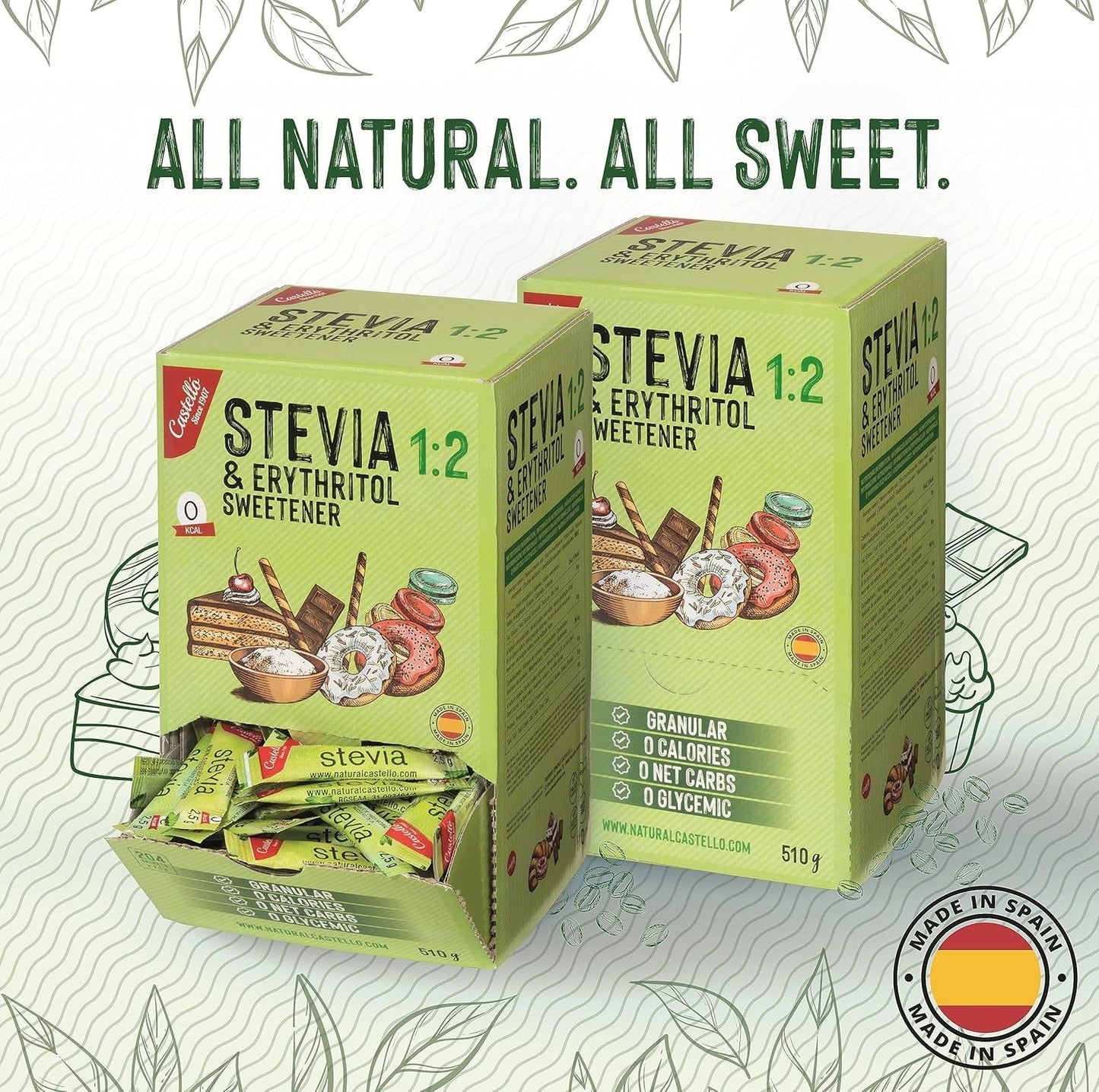 Stevia + Erythritol 1:2 Süßstoff | 204 Mythezak 2,5 G | 100% Natürlicher Zuckerersatz - 0 Kalorien - 0 Glykämischer Index - Keto en Paleo - 0 Kohlenhydrate - Kein GVO - Castello sinds 1907-510 G Zoetstoffen Naty Shop