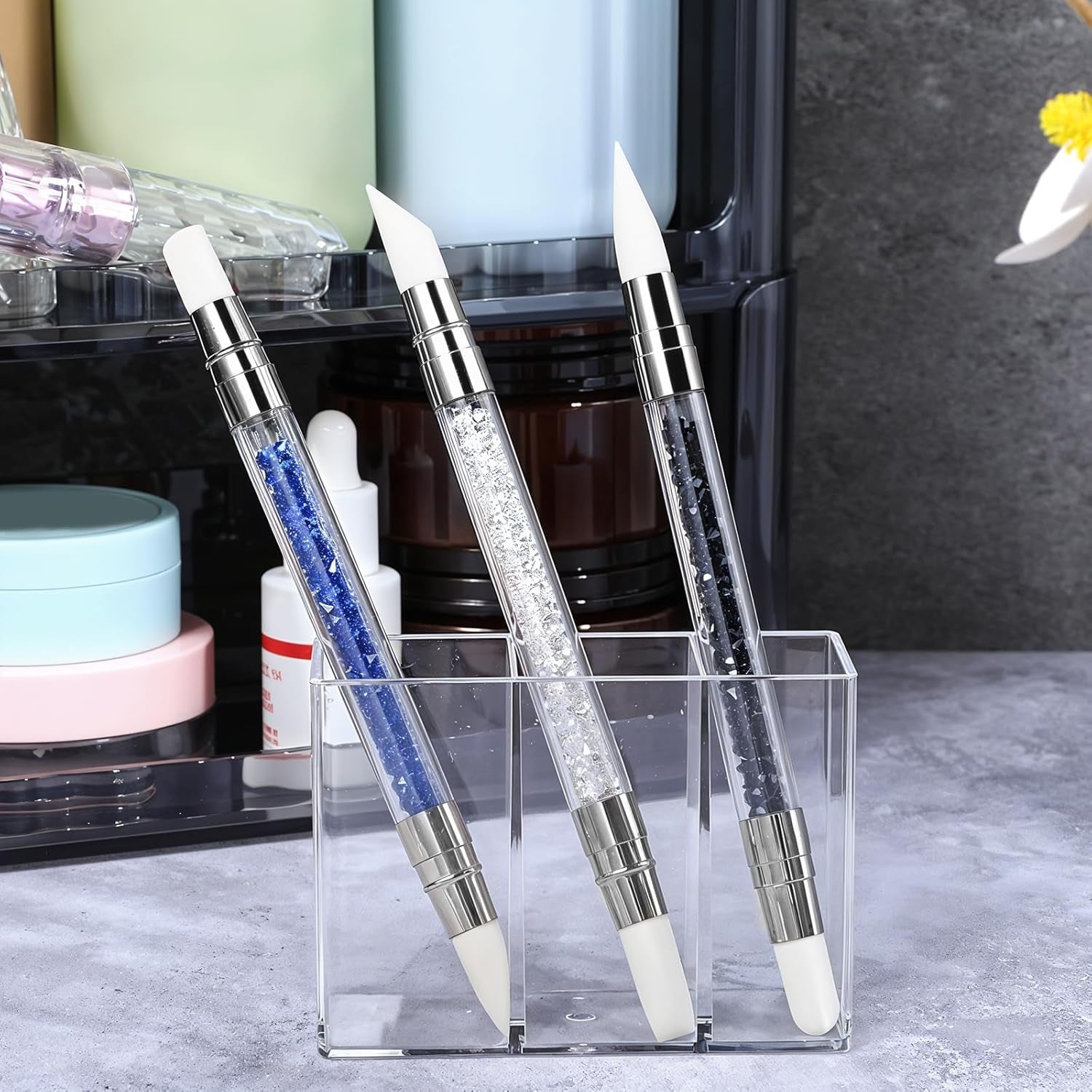 3 Stück Nagel Pinsel Silikon, Nagelkunst Skulptur Stift, Doppel Köpfe DIY Maniküre Werkzeug, Strassstein Picker, Gel Schnitzen Pinsel Für Design, Vormgeven Tekening Carving Nagelfolie