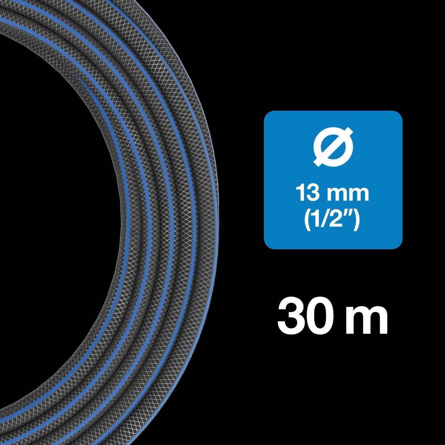Fiskars L waterslang, UV-bescherming, drukgetest, torsiestijfheidsniveau 4 (van de 5), 30 m, Ø 1,3 cm (1/2"), 4,2 kg, zwart/oranje/blauw, 1027105