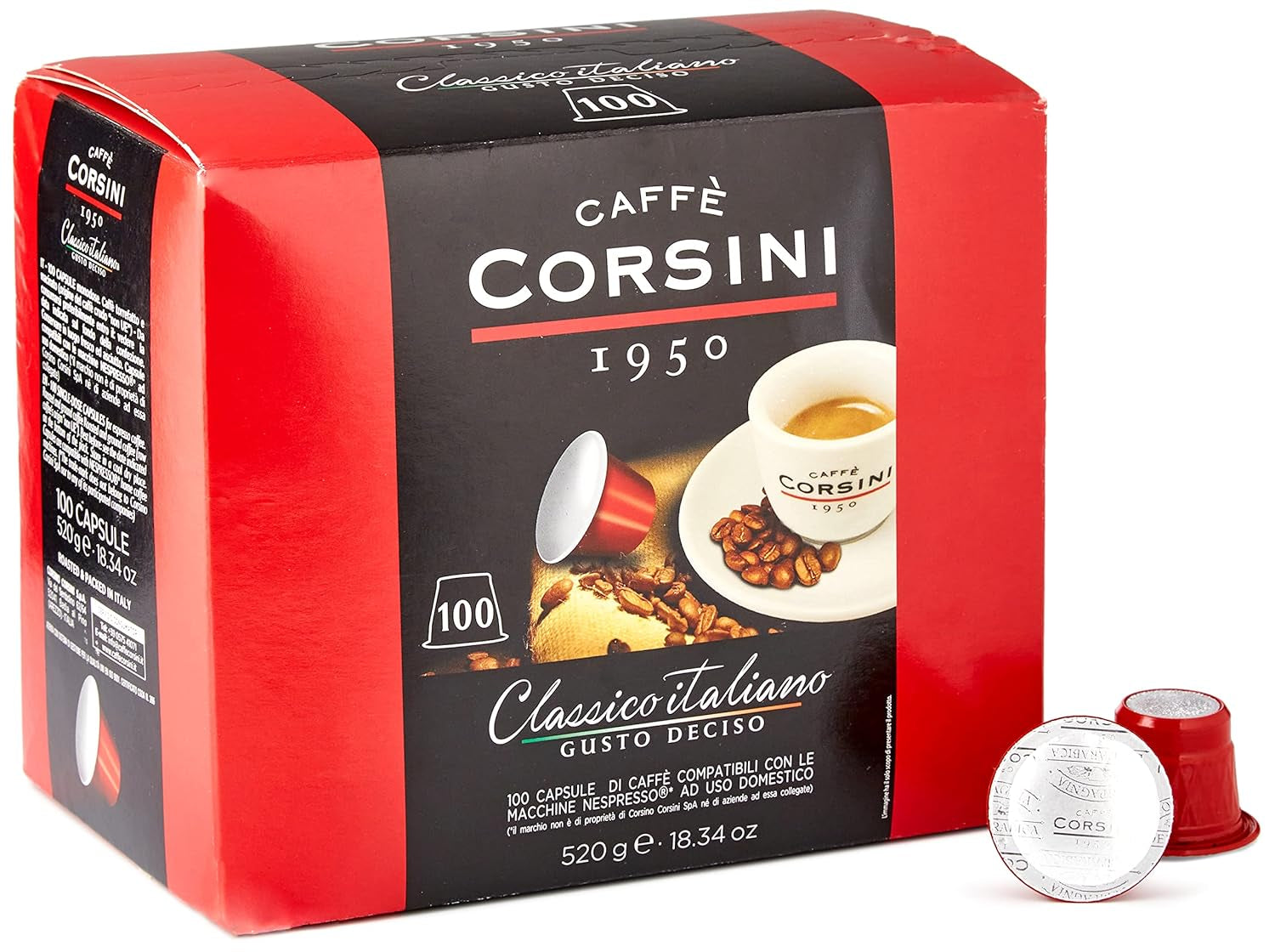 Caffè Corsini - Classico Italiano, Miscela Di Caffè in Nespresso-compatibele capsules, Gusto Forte E Deciso - Confezione Da 100 capsules