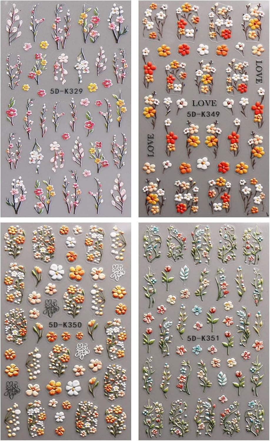 JMEOWIO 3D Nagelsticker Blumen Nail Art Sticker Selbstklebend Nagelaufkleber 5D Stereoskopisch Kruiden Blumen Decoratie Nageldesign Zubehör 4 Blatt