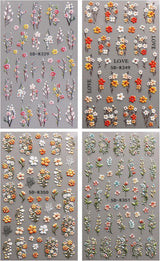 JMEOWIO 3D Nagelsticker Blumen Nail Art Sticker Selbstklebend Nagelaufkleber 5D Stereoskopisch Kruiden Blumen Decoratie Nageldesign Zubehör 4 Blatt