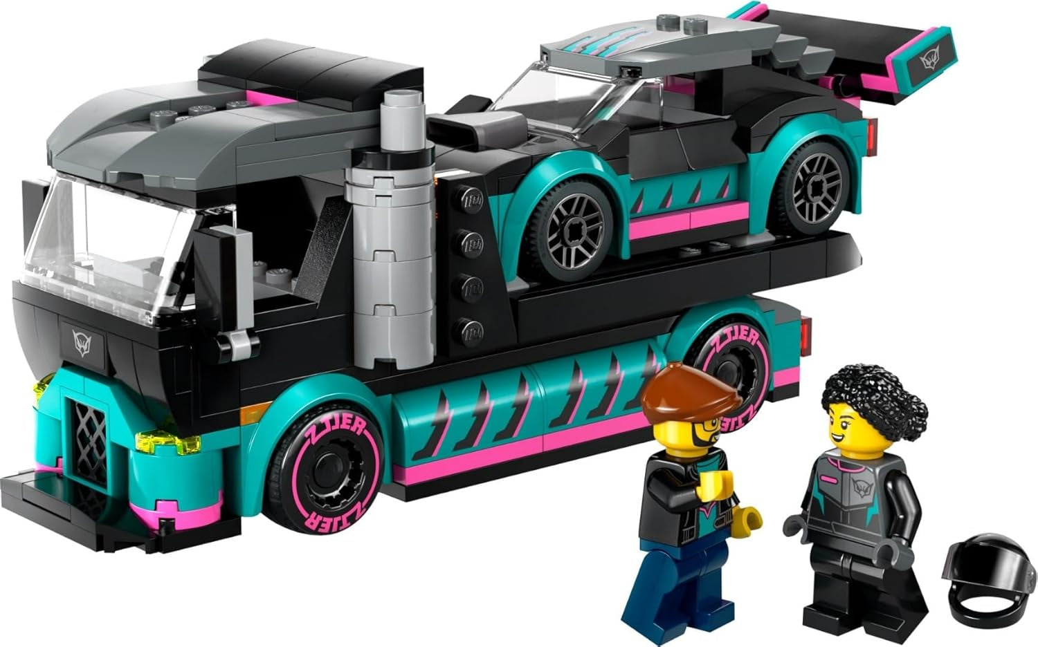 LEGO City Autotransporter met raceauto, speelgoedtruck met verstelbare laadklep en raceauto, bouwset met 2 minifiguren, coureur en vrachtwagenchauffeur, voor kinderen vanaf 6 jaar 60406 Bouwsets Besuche den LEGO-Store