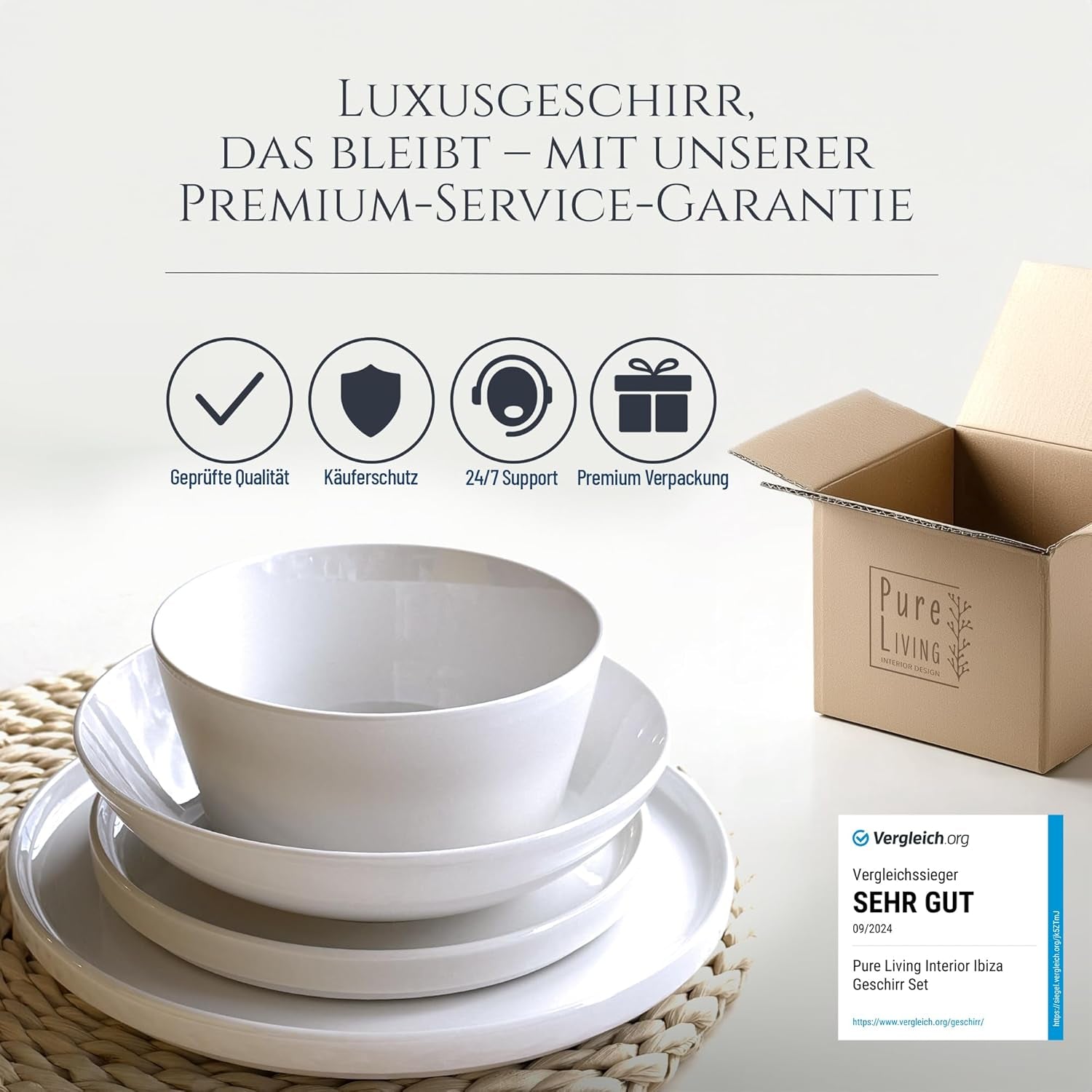 Crystal 48-delige porseleinen serviesset TESTWINNAAR Helder porseleinen serviesset kommen en borden servies voor 12 Pure Living serviessets in wit