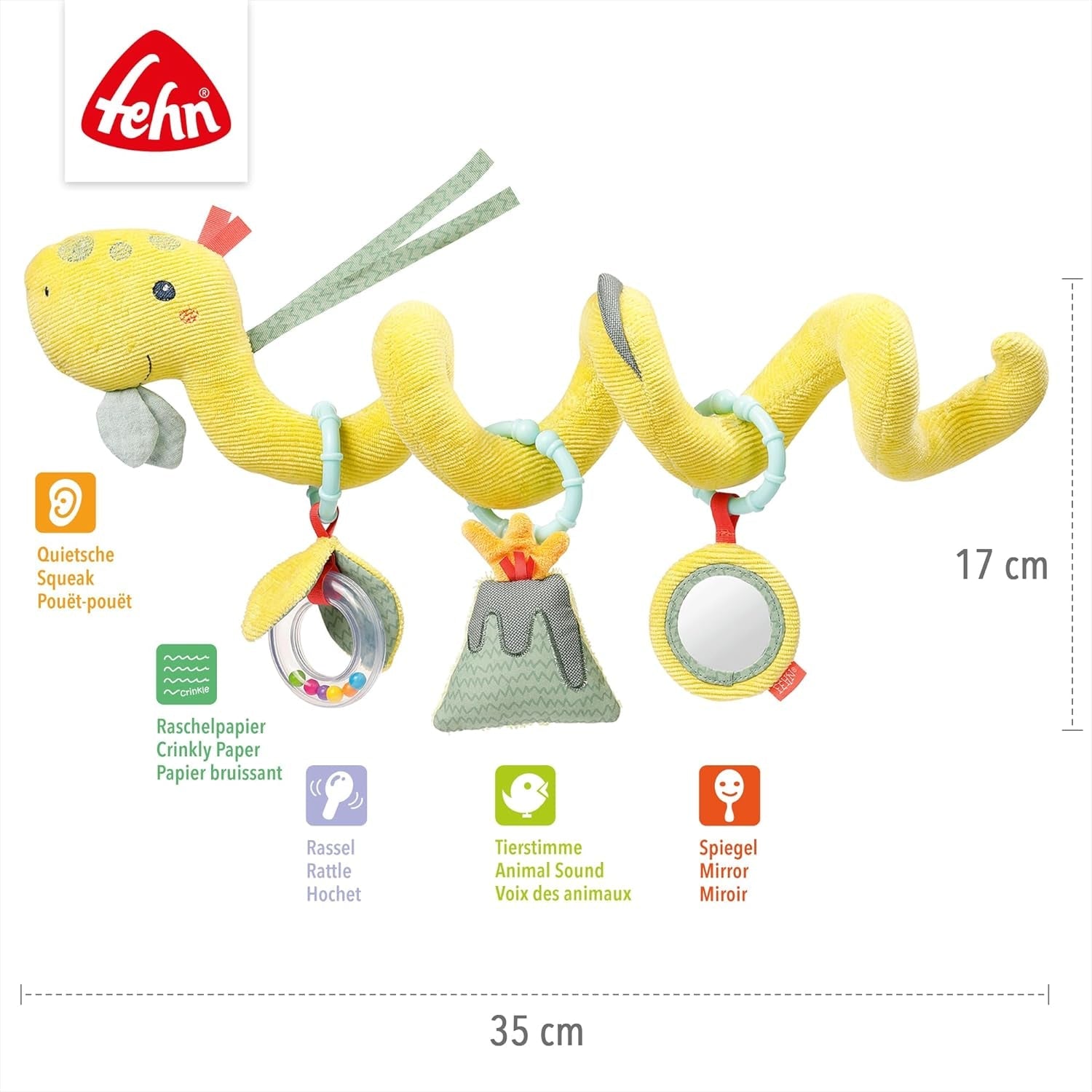 Fehn Activity Spiral Dino - duw- en trekkinderwagenspeelgoed - babydinosaurusspeelgoed voor bed, speeltuin, kinderwagen en autostoel - speelgoed voor motorische activiteit voor baby's en peuters vanaf 0+ maanden Babyspeelgoed Naty Shop