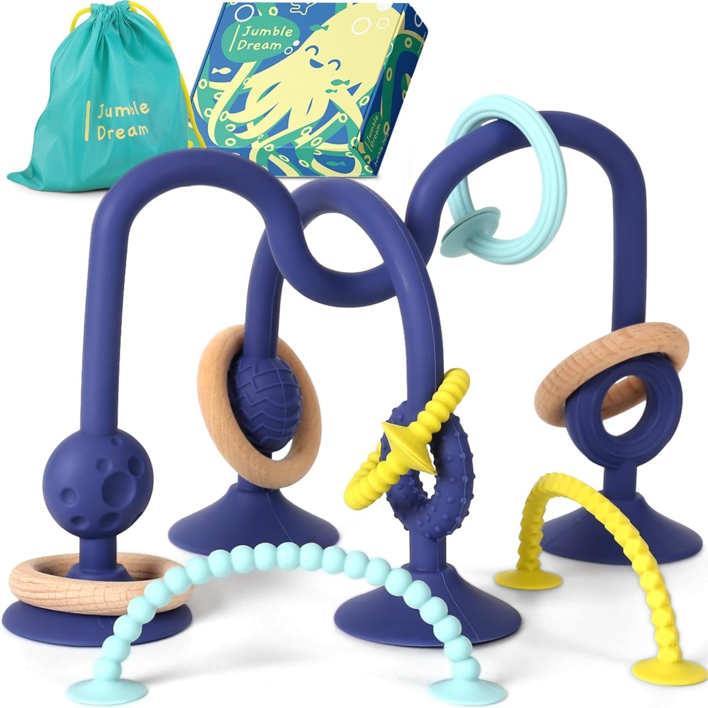 JUMBLE JANGLE Babybijtring: Babybijtspeeltje 3-24 maanden | Set van 7 BPA-vrije kauwspeeltjes | Verkoelende siliconen bijtring | Peuterspeelgoed met zuignap voor kinderstoel, tafel en badkuip