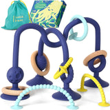 JUMBLE JANGLE Babybijtring: Babybijtspeeltje 3-24 maanden | Set van 7 BPA-vrije kauwspeeltjes | Verkoelende siliconen bijtring | Peuterspeelgoed met zuignap voor kinderstoel, tafel en badkuip