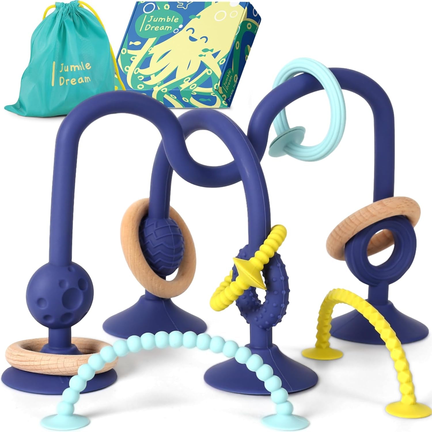 JUMBLE JANGLE Babybijtring: Babybijtspeeltje 3-24 maanden | Set van 7 BPA-vrije kauwspeeltjes | Verkoelende siliconen bijtring | Peuterspeelgoed met zuignap voor kinderstoel, tafel en badkuip