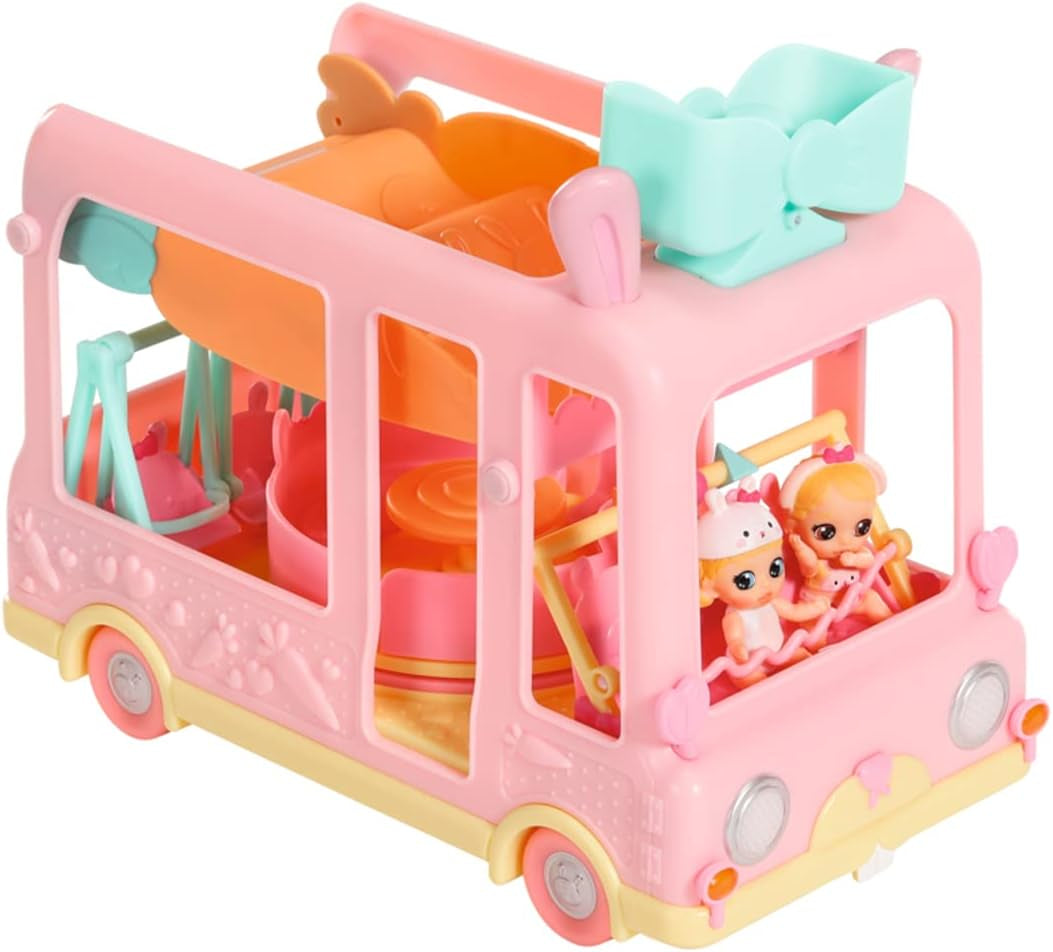 BABY born 904763 Baby Surprise Bus - roze minipoppenspeelgoedbus met 2 exclusieve poppen, drievoudige kinderwagen, schommel, carrousel, glijbaan en drievoudige schommel.