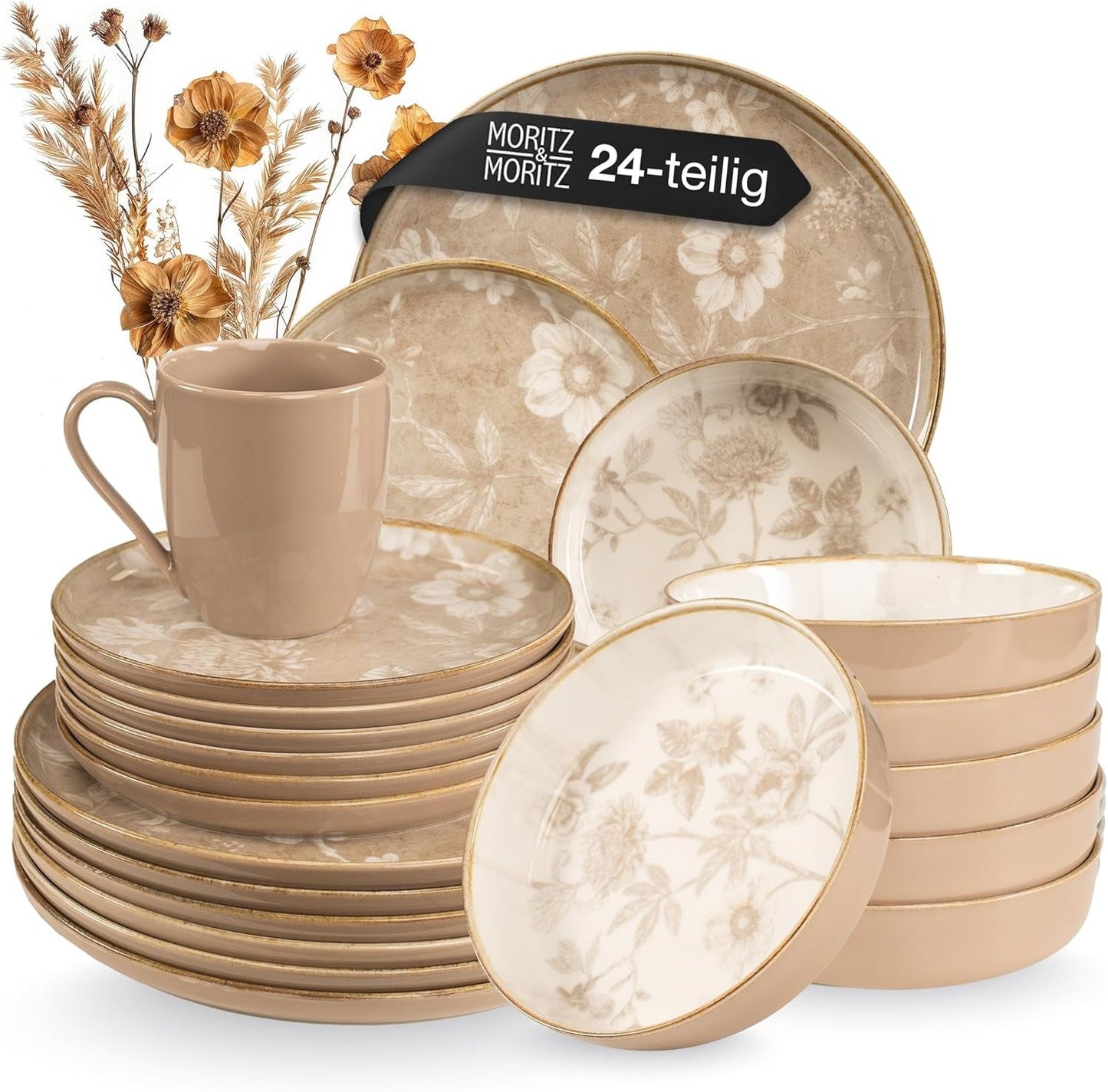 Moritz & Moritz MARIELLA 6-persoons 24-delige steengoed serviesset - Modern beige servies met speels design, onderhoudsvriendelijk koffieservies met borden, schalen en kopjes - Combinatieset