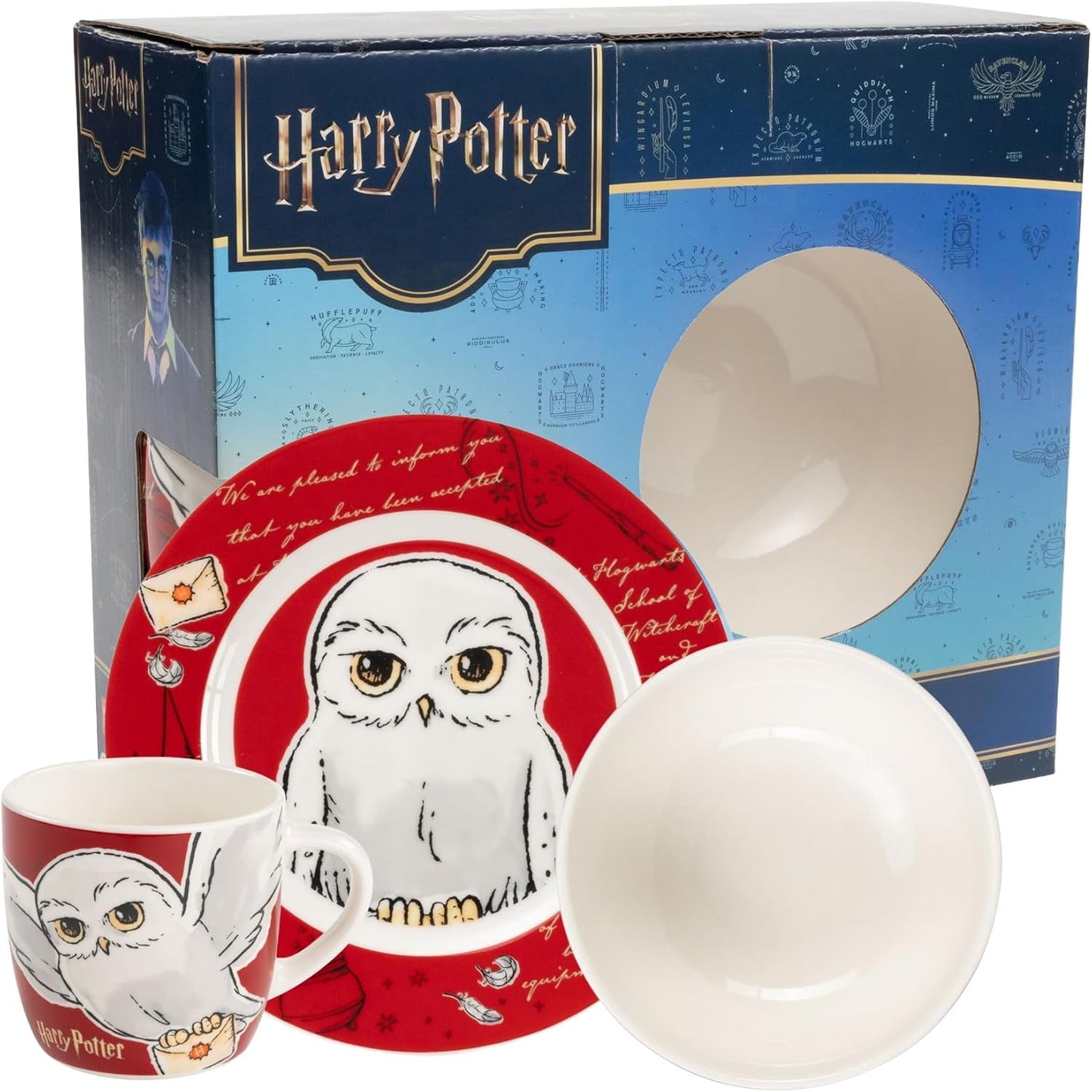 Harry Potter 3-delig servies, rood, porseleinen ontbijtservies met bord Ø 19 cm, mok 220 ml en kom 330 ml, servies
