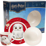 Harry Potter 3-delig servies, rood, porseleinen ontbijtservies met bord Ø 19 cm, mok 220 ml en kom 330 ml, servies