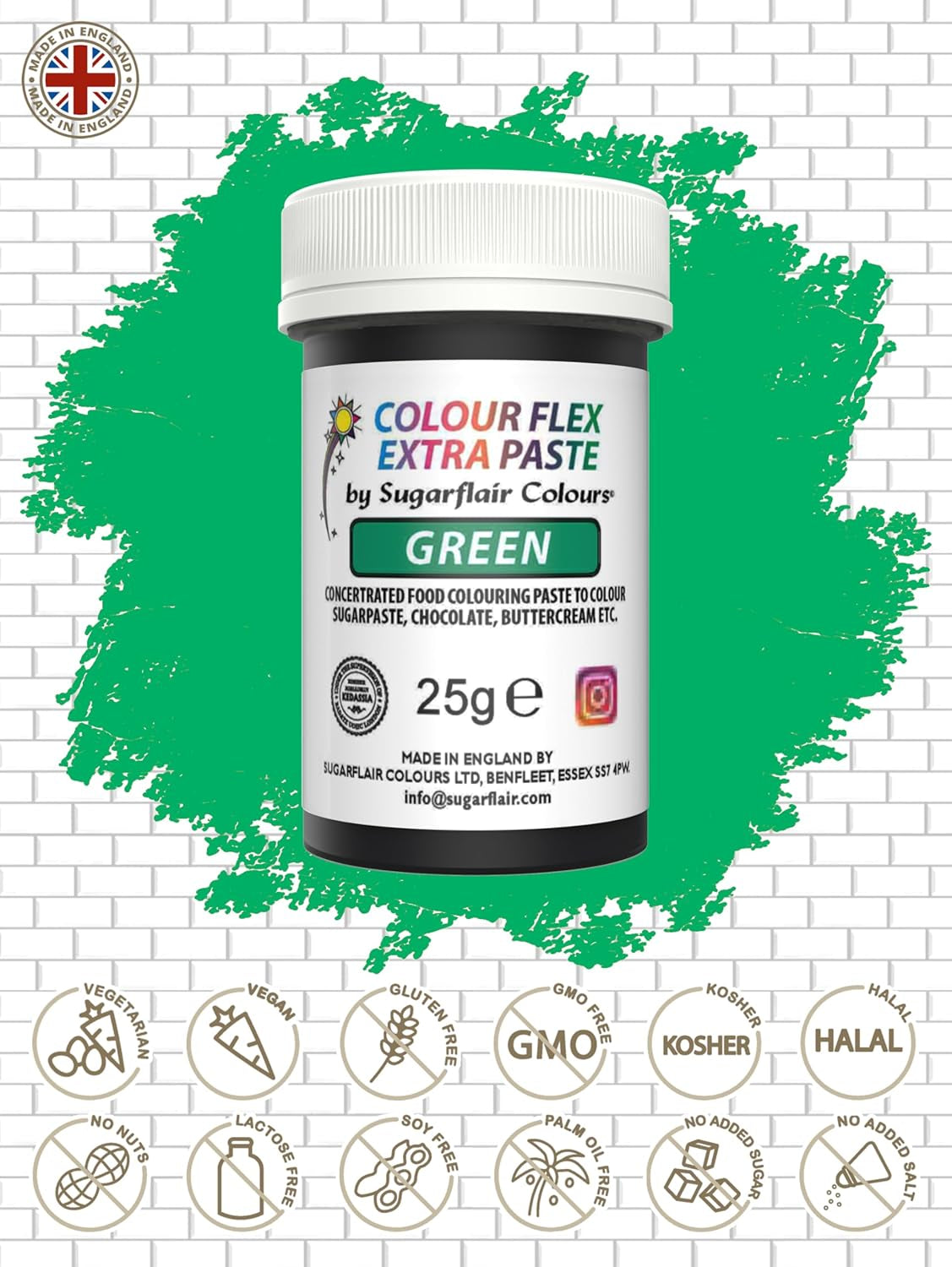 Sugarflair Colourflex Extra Paste Verde voedselkleuring - Eetbare kleurstof voor botercrème, chocolade, suikerpasta, glazuur, fondant, cakemixen, deeg en meer - 25g