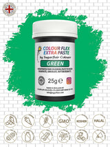 Sugarflair Colourflex Extra Paste Verde voedselkleuring - Eetbare kleurstof voor botercrème, chocolade, suikerpasta, glazuur, fondant, cakemixen, deeg en meer - 25g