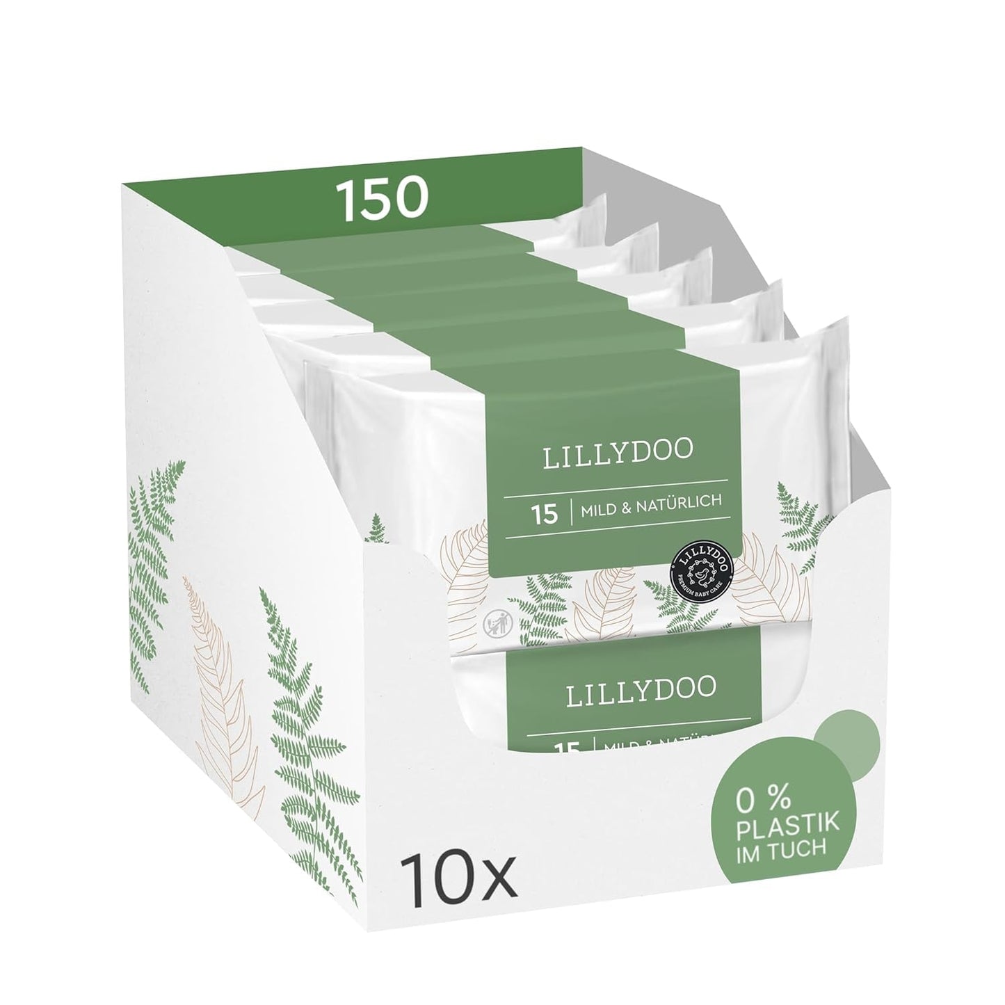 LILLYDOO Groene vochtige doekjes, 600 stuks (10 x 60), 100% plasticvrij, scheurbestendig doekje - geurvrij, zacht en natuurlijk, zachte reiniging voor de gevoelige huid, dermatologisch getest