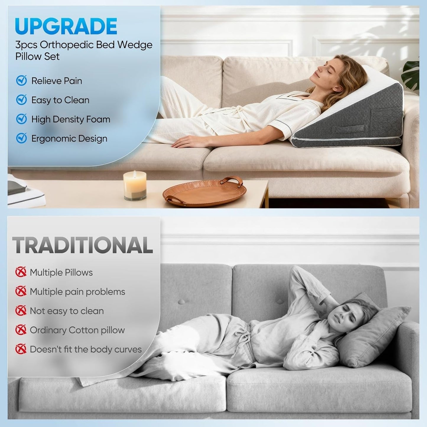 Verenkussen voor bed en bank, L50xB50xH26 Dubbel leeskussen met wasbare hoes, traagschuim, tegen snurken en voor meer comfort in nek en rug