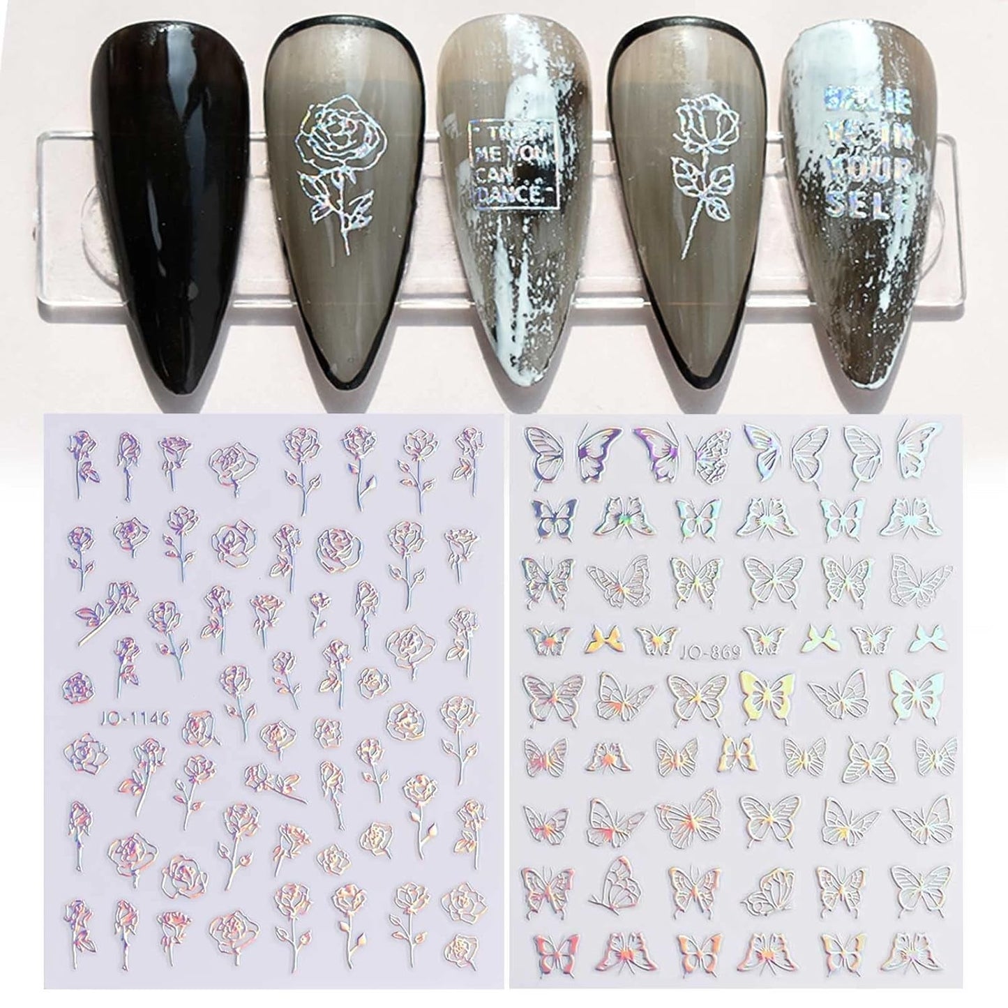 JMEOWIO Nagelsticker Aurora Holografisch 9 Blatt Nagelaufkleber Selbstklebend Herz-Flamme Spielt Schmetterlings-Mond Die Hauptrolle Nail Art Sticker Decoratie Nageldesign Zubehör