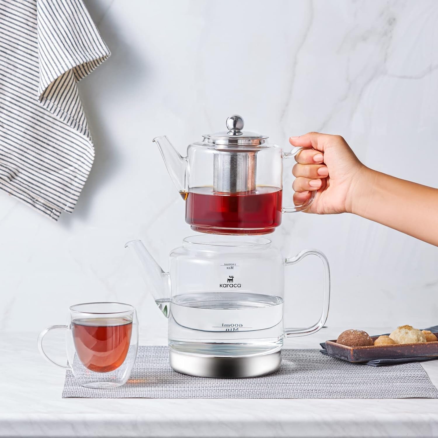 Karaca Dora Borosilicaatglas ketelset met roestvrijstalen thee-ei, 2L ketel en 1L glazen ketel met zetgroep, Turkse ketel, Caydanlik, Turkse kruidentheemaker, losse thee, XL