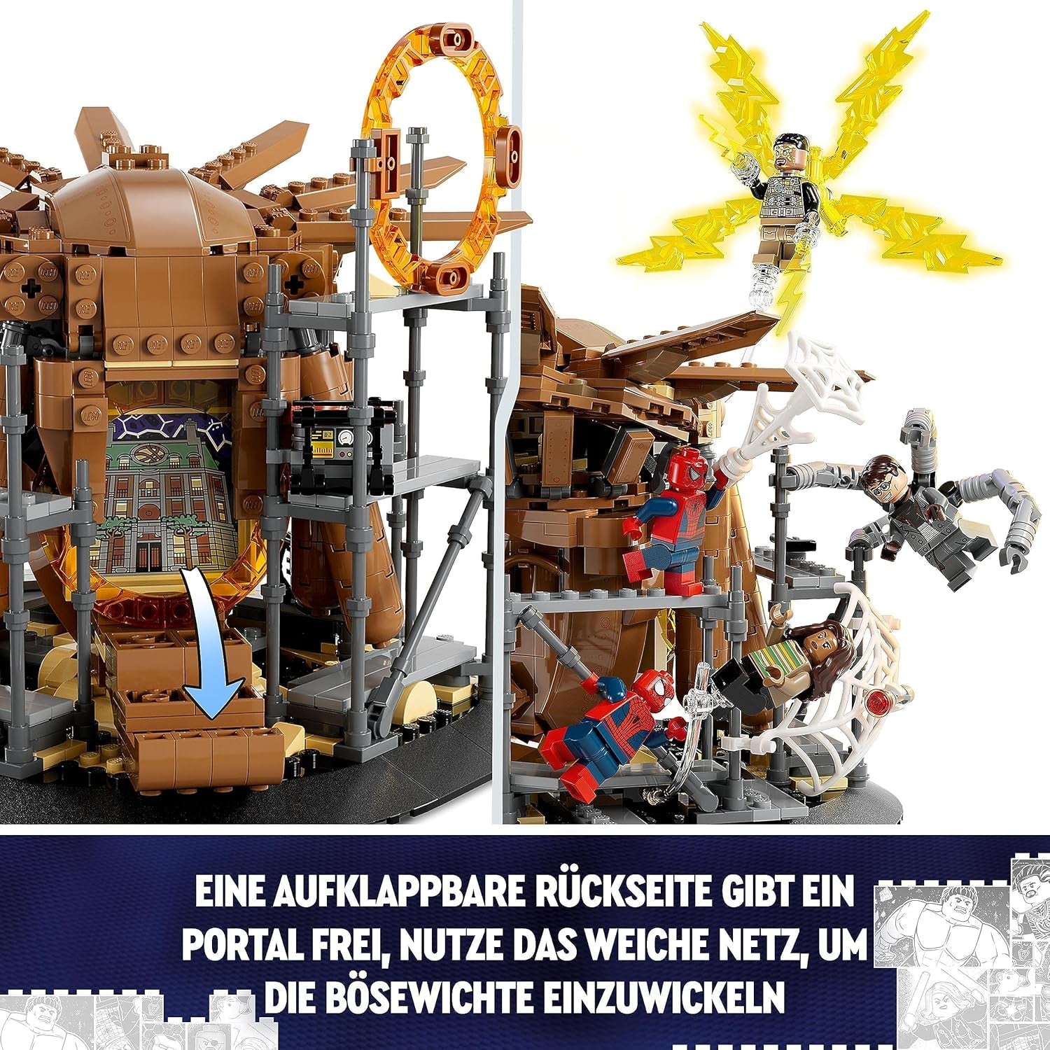 LEGO 76261 Marvel Spider-Man's Big Showdown, Spider-Man: No Way Home set met 3 minifiguren Peter Parker plus Green Goblin, Electro, Sandman, Ned, Doctor Strange en MJ, verzamelmodel Bouwsets Besuche in LEGO-Store