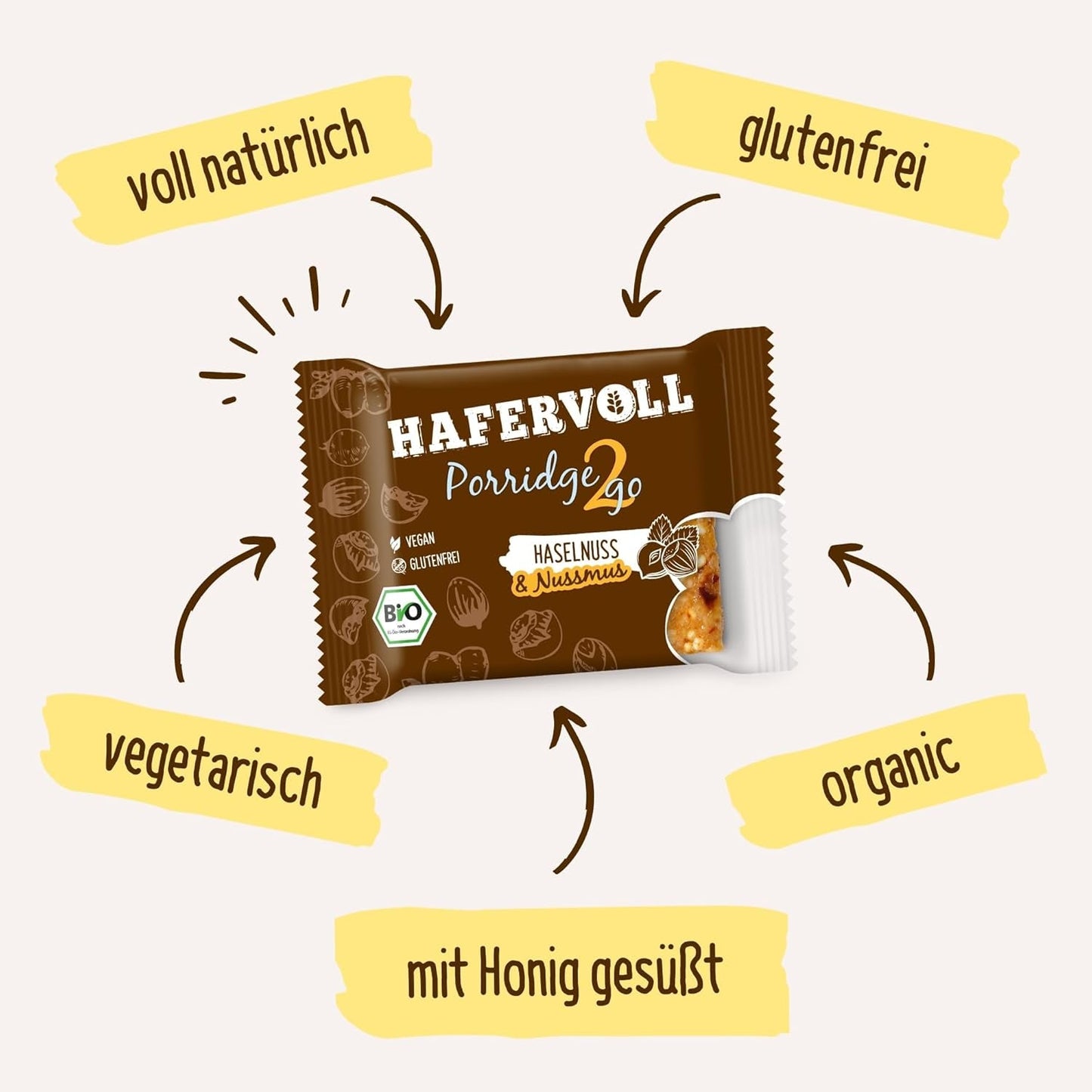 Hafervoll Porridge2go Pindakaas en noten, 13 repen x 55g - Veganistisch, biologisch, glutenvrij, geen toegevoegde suikersnack, met haver, dadels en quinoa-snoepjes