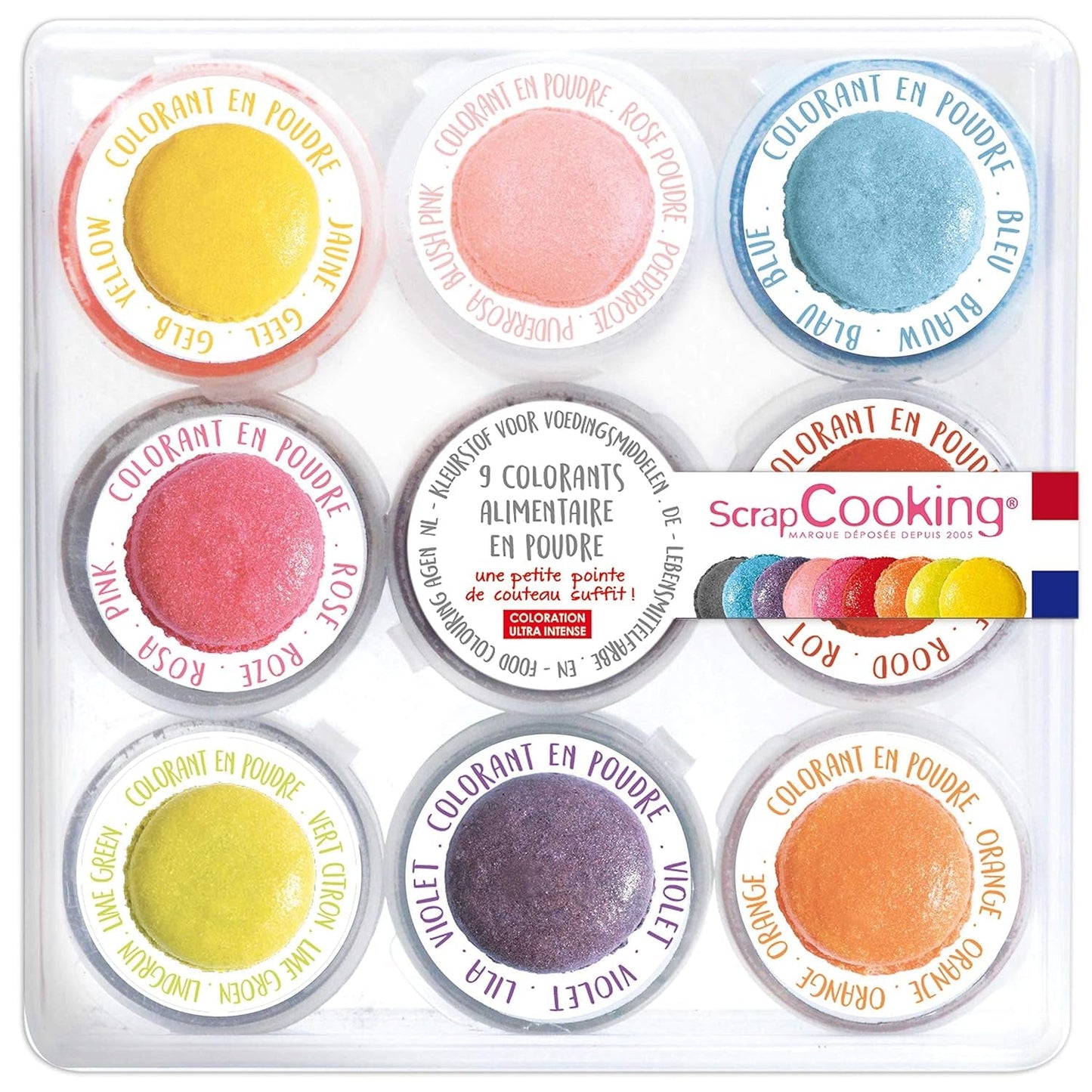 Scrapcooking - Set van 9 poedervormige kleurstoffen voor levensmiddelen - Blauw, Geel, Roze, Paars, Oranje, Limoengroen, Rood, Poederroze, Zwart - Eetbare kleurpoeder voor cakes, muffins, macarons - 4270