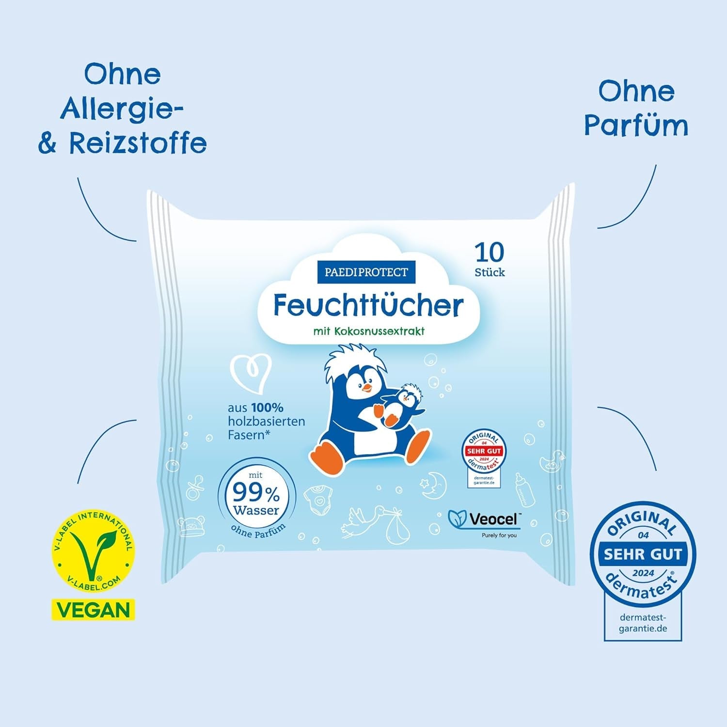 PAEDIPROTECT Babydoekjes 1 x 10 stuks Gevoelige babywaterdoekjes 99% water Geurvrij Baby en kinderen Gevoelige huid Kokosextract Microplasticvrij Veganistisch (5-pack)