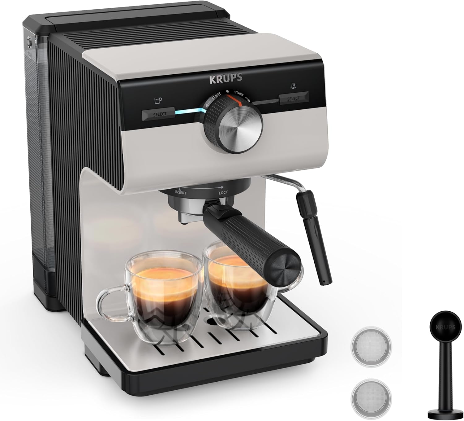 KRUPS Authentic+ espressomachine, 15 bar, intuïtieve bediening, uitgekiend design, stoompijpje, inclusief uitgebreide accessoires, Bullet Donkerzilver/RVS, XP384G10