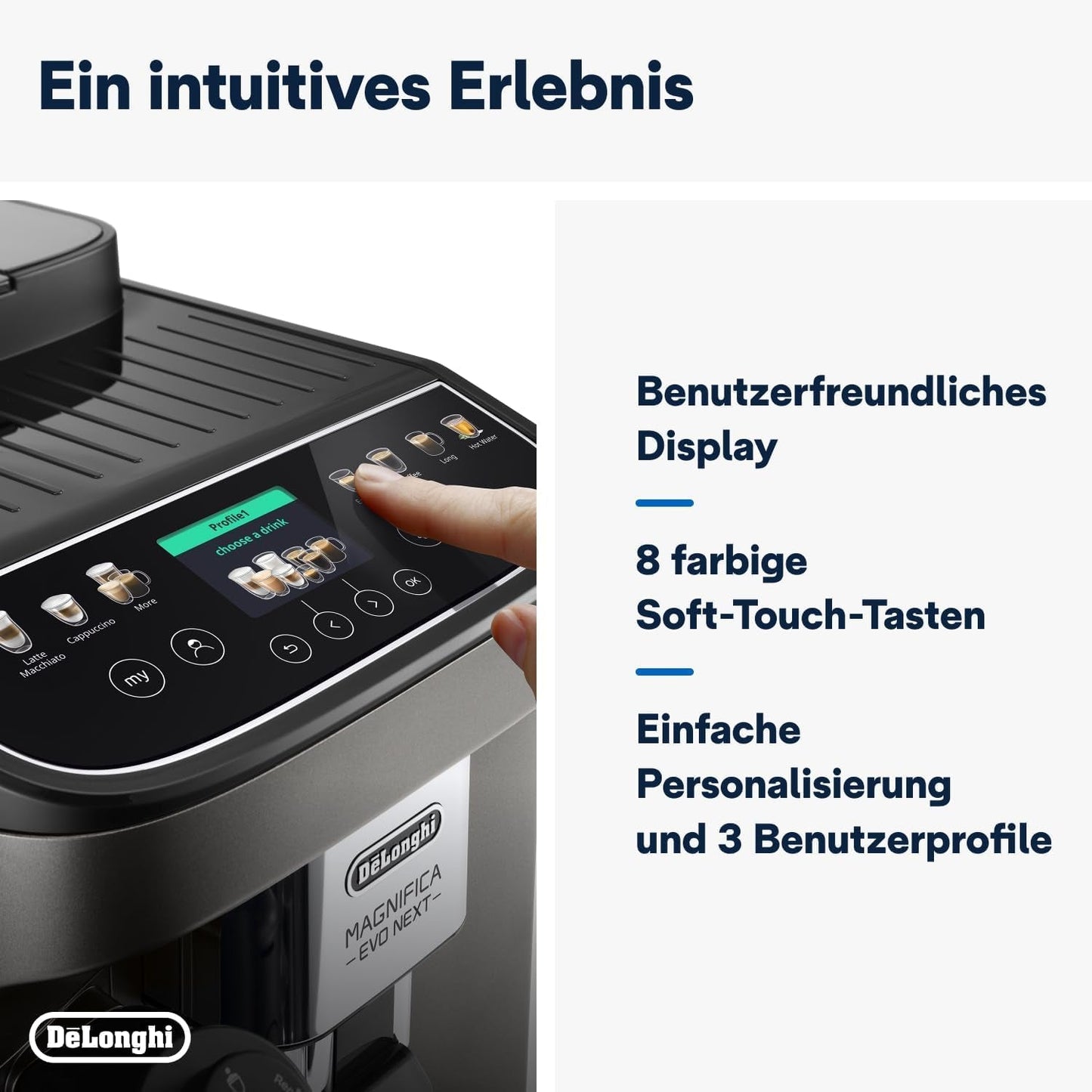 De'Longhi Magnifica Evo Next - Perfetto volautomatische espressomachine met LatteCrema melkopschuimer, 13 One-Touch-drankjes, koffie- en cappuccinomaker, kleurentouchscreen, titanium (ECAM312.80.TB)