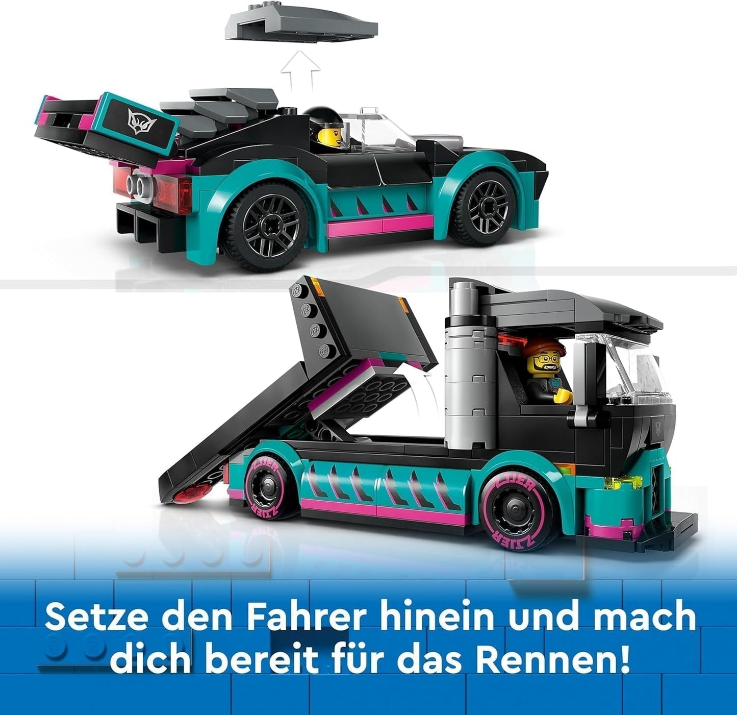 LEGO City Autotransporter met raceauto, speelgoedtruck met verstelbare laadklep en raceauto, bouwset met 2 minifiguren, coureur en vrachtwagenchauffeur, voor kinderen vanaf 6 jaar 60406 Bouwsets Besuche den LEGO-Store