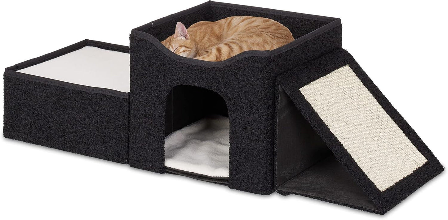 Relaxdays Katzenhöhle, opvouwbaar, 3 Liegeplätze, Katzenhaus mit Kratzfläche, HBT: 36,5x112x41 cm, Katzenversteck, schwarz