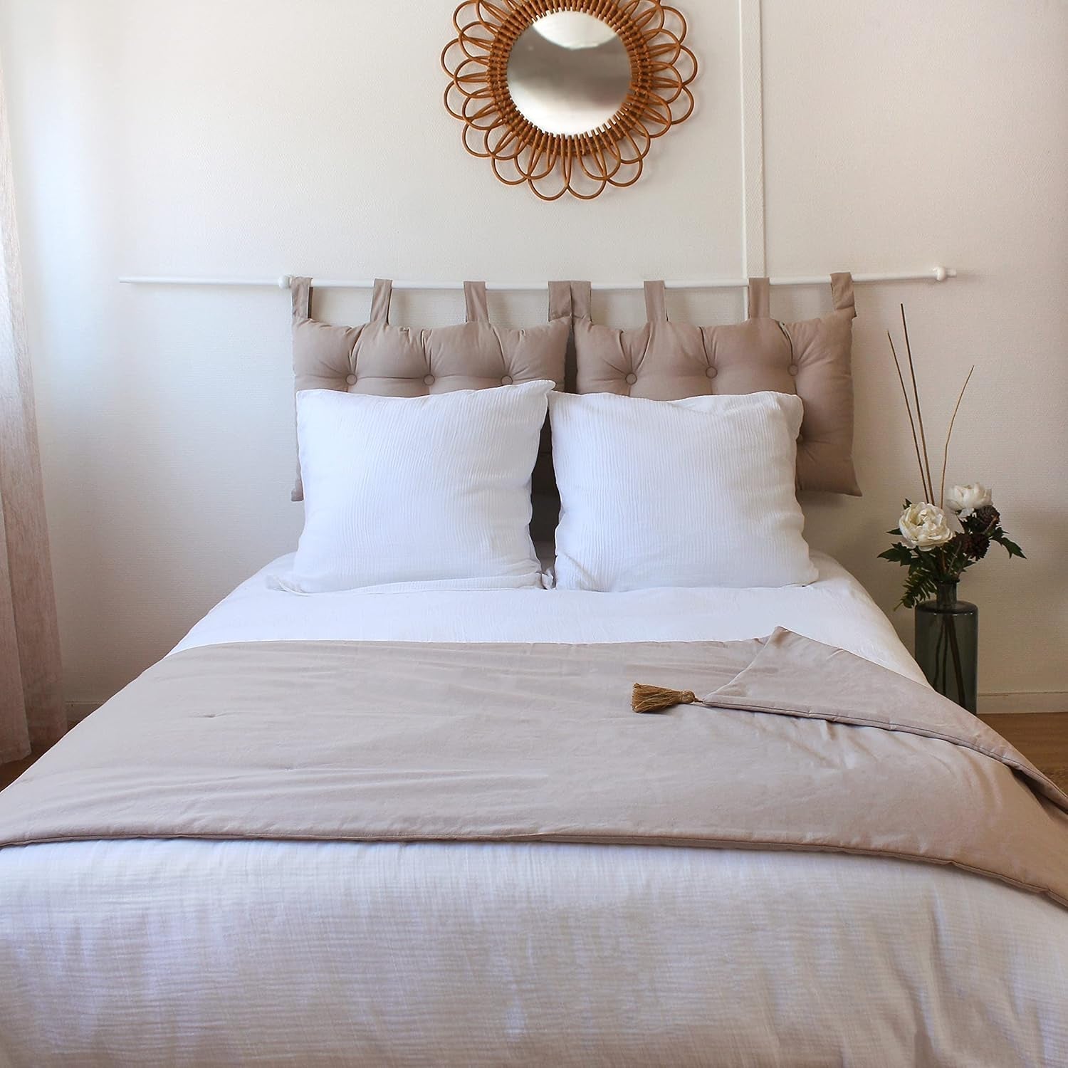 Enjoy Home Deken, Beige, Naturel, Met 4 Jute Pompons, 90 X 190 Cm, 100% Katoen, Oeko-Tex Gecertificeerd, Panama Collectie Naty Shop Dekens en Quilts