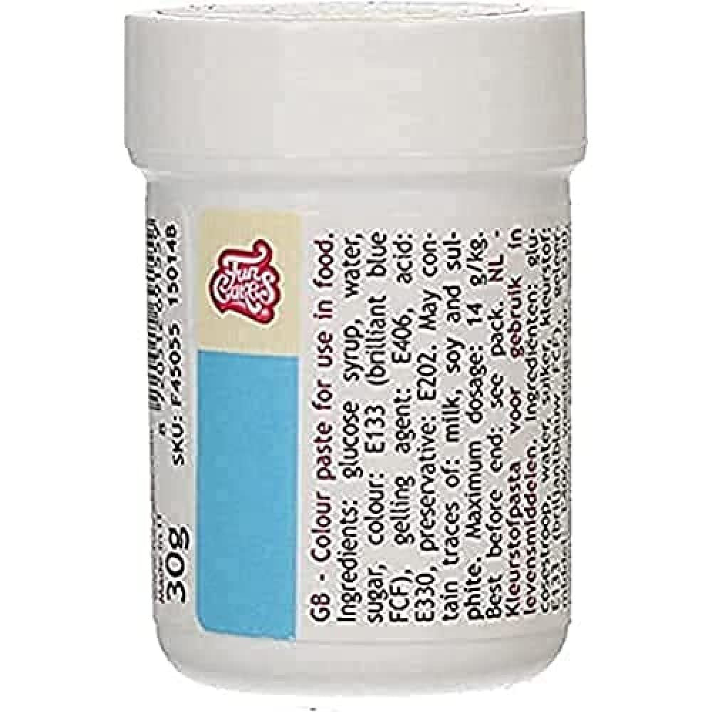 Geconcentreerde kleurstof Funcakes Paste Colour Blue Sky; voor deeg, room, fondant, marsepein, deeg, modelleerpasta en bloemenpasta. Halal en koosjer. 30 gram