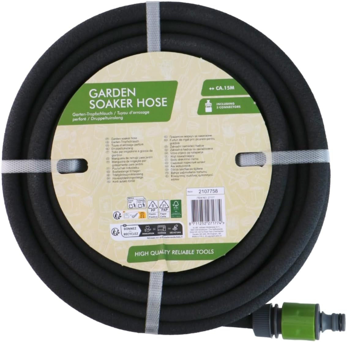 Kinzo 15M Ø14mm Druppelslang - Tuinslang met 3 Koppelingen - Waterbesparende Tuinslang voor Sproeisystemen - Zwarte Slang