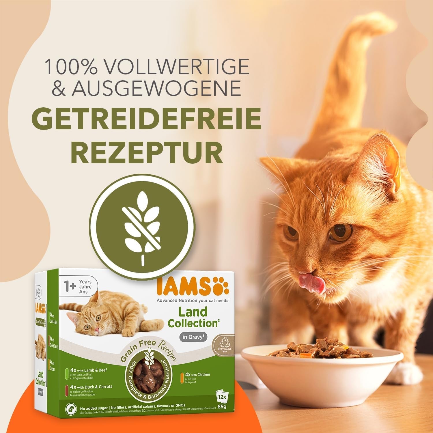 IAMS Delights Land Collection Graanvrij nat kattenvoer - Vleesvariatiepakket Multipack Graanvrij natvoer voor katten van 1 jaar en ouder 12 x 85 g