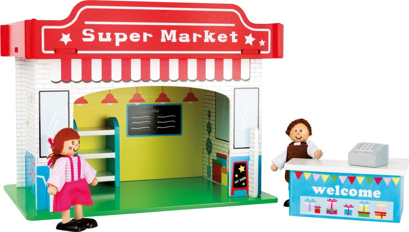 Small Foot 10852 Speelhuis Restaurant Van hout, Met 2 poppenfiguren, accessoires en afneembaar dak, Vanaf 3 jaar Poppenhuizen Naty Shop Supermarkt