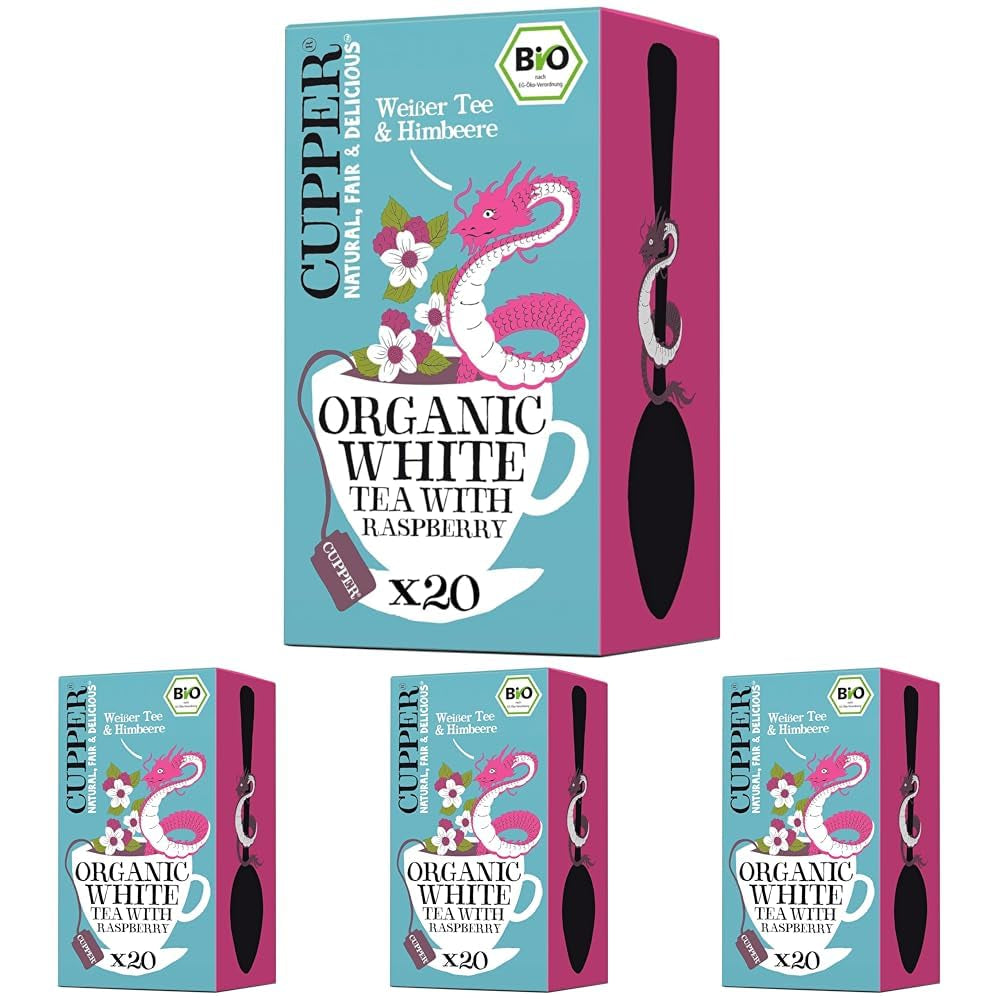 Cupper biologische witte thee, framboos, 20 zakjes, 34 g (pak van 4)