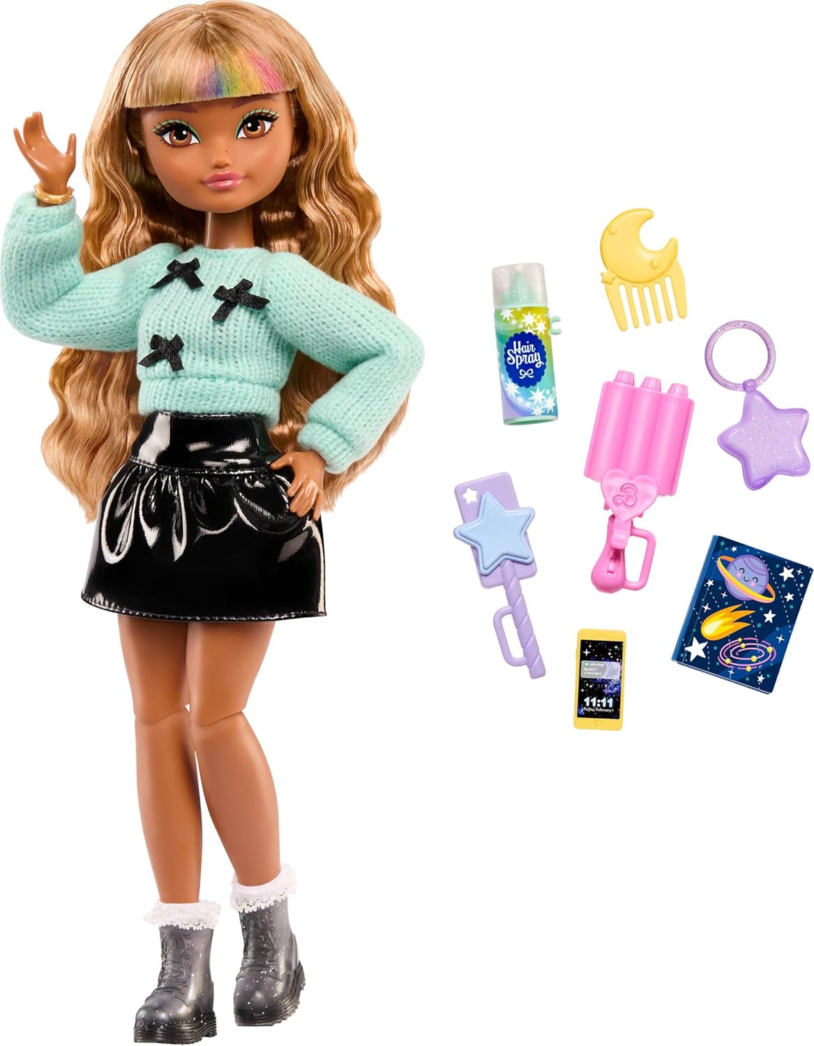 Barbie Dream Besties-pop en accessoires, Zia-modepop met afneembare arrangementen en golvend bruin haar, 7-delig haar en maan, JGG36