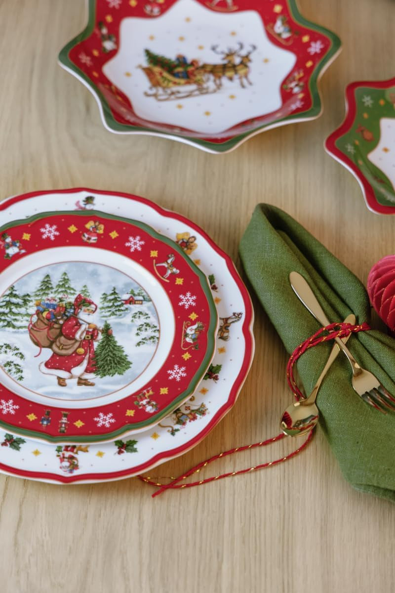 Hutschenreuther Happy Wintertime Red Christmas servies voor 6 personen, porselein, veelkleurig, 6 ontbijtborden, 6 dinerborden en 6 dinerborden, vaatwasser- en magnetronbestendig