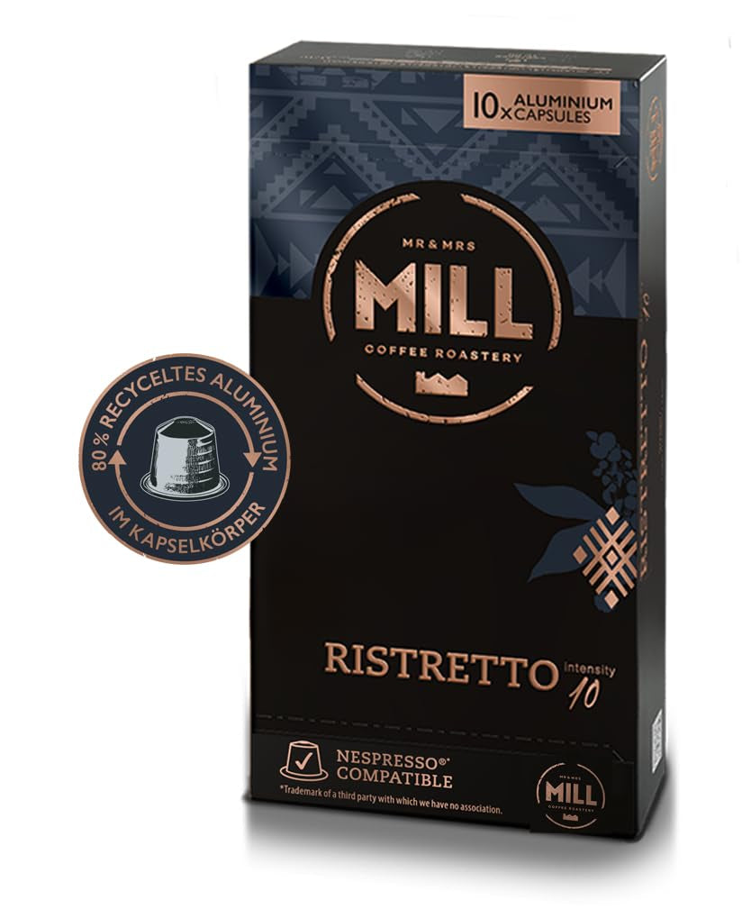 Kaffeekapseln Ristretto, 100 Kapseln für Kapselmaschinen (10x10), 80% gerecycled aluminium in Kapselkörper