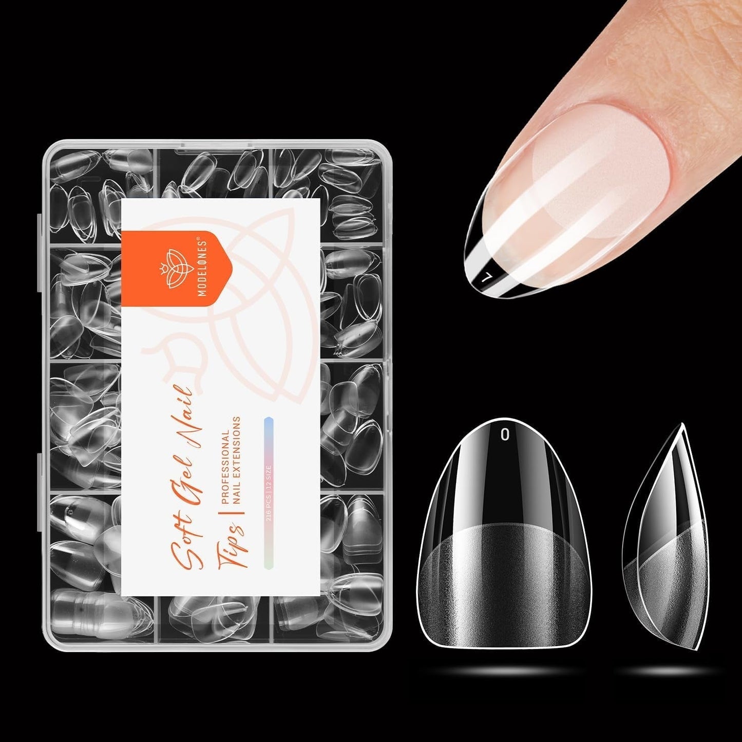 Modelones nageltips 216 stuks - volledige dekking nageltips set, zachte gel tips set, pre-polijsten PMMA hars nageltips, doe-het-zelf lijm op nail art kunstnagels, korte amandelen XS
